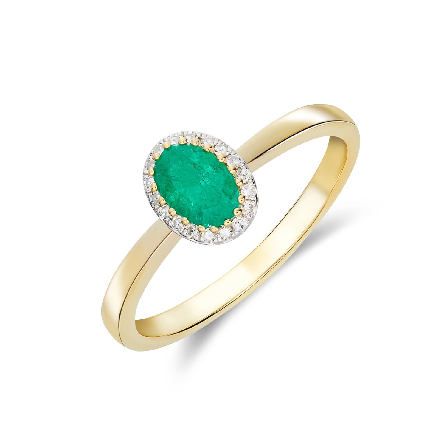 9ct Yellow Gold 6x4 Oval Emerald and Diamond Claw Cluster Ring Rhodium to Diamonds