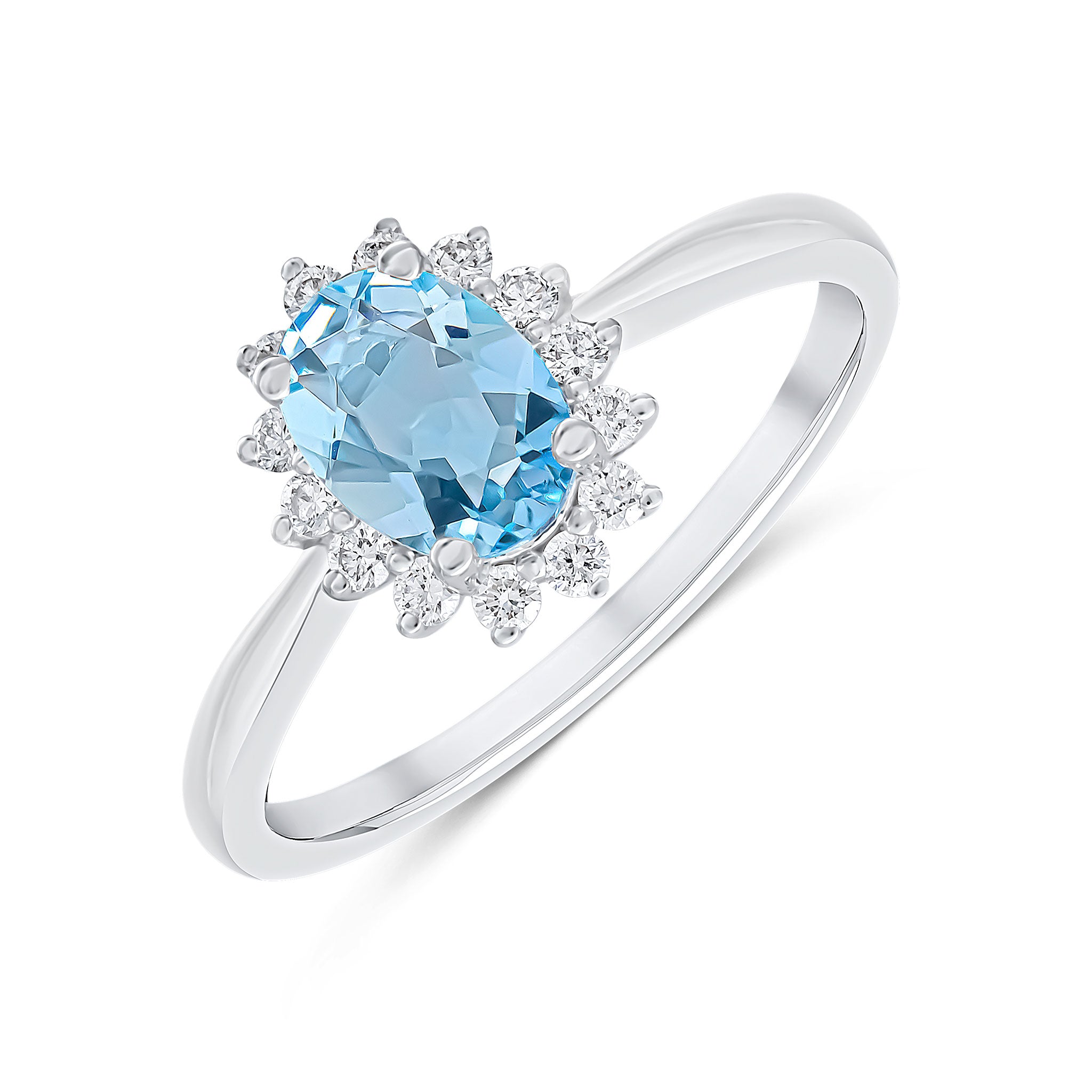 18ct White Gold 7x5 Oval Aquamarine and Diamond Claw Cluster Ring