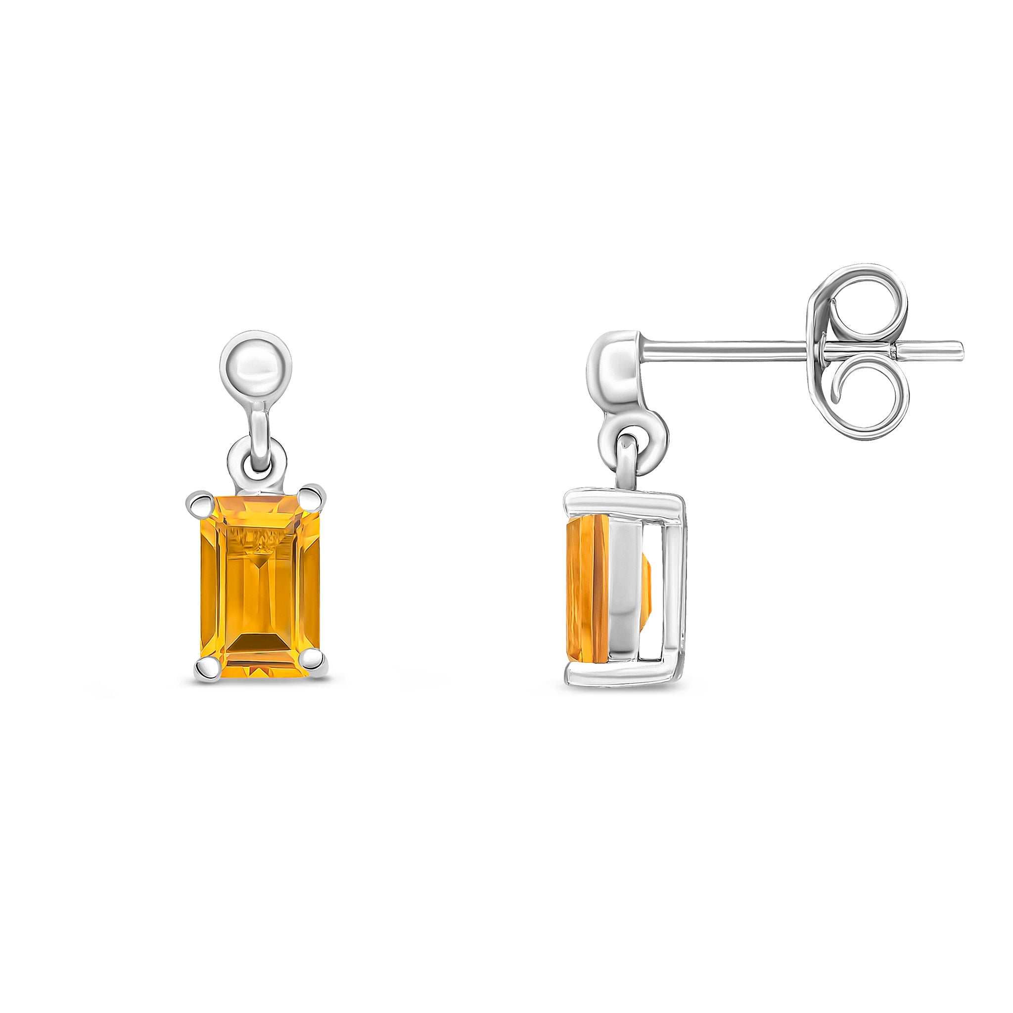 9ct White Gold 6x4 Octagon Citrine Claw Set Drop Earrings with Bead Top