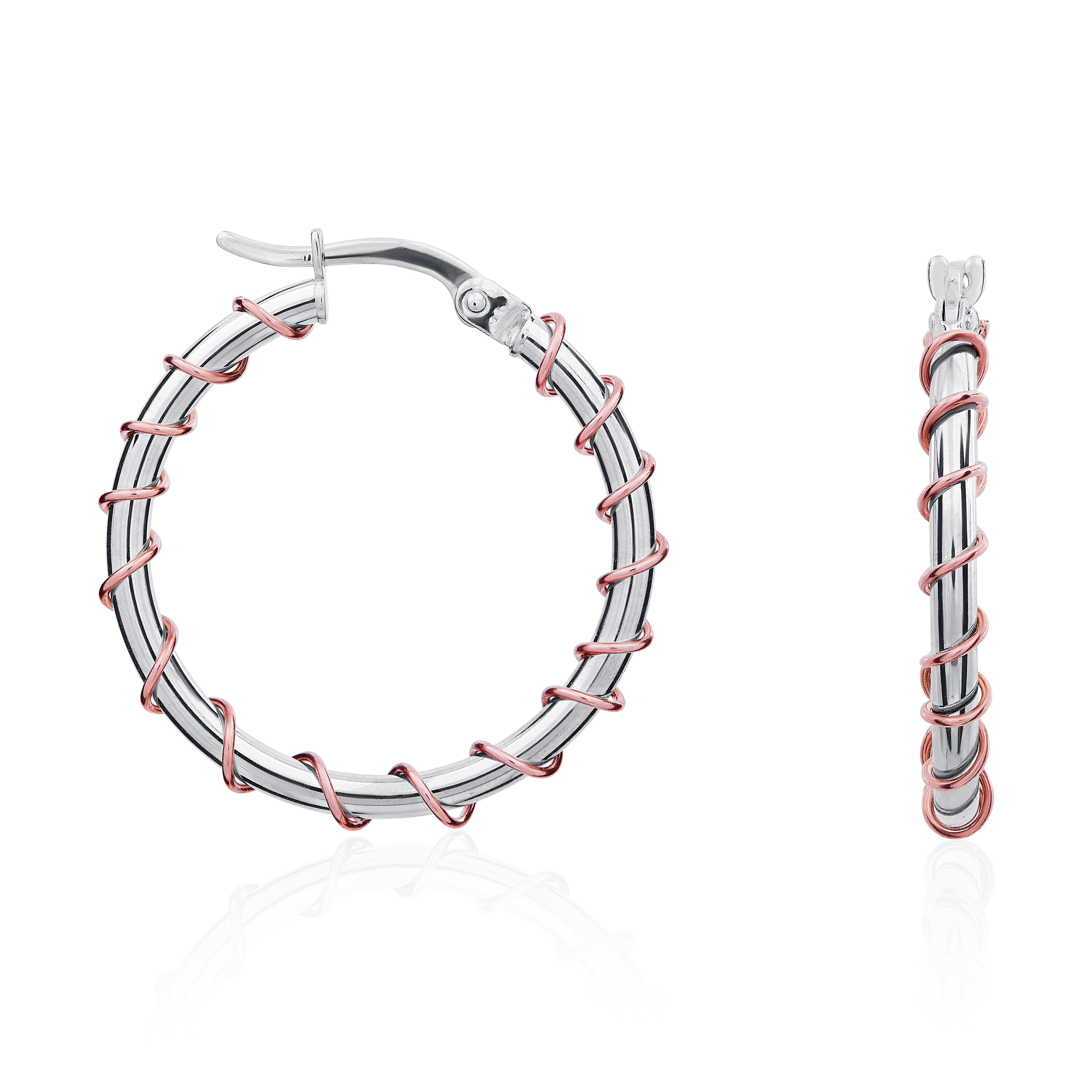 9ct white gold Round Hoop Earrings With Rose Gold Wire Twist Detail