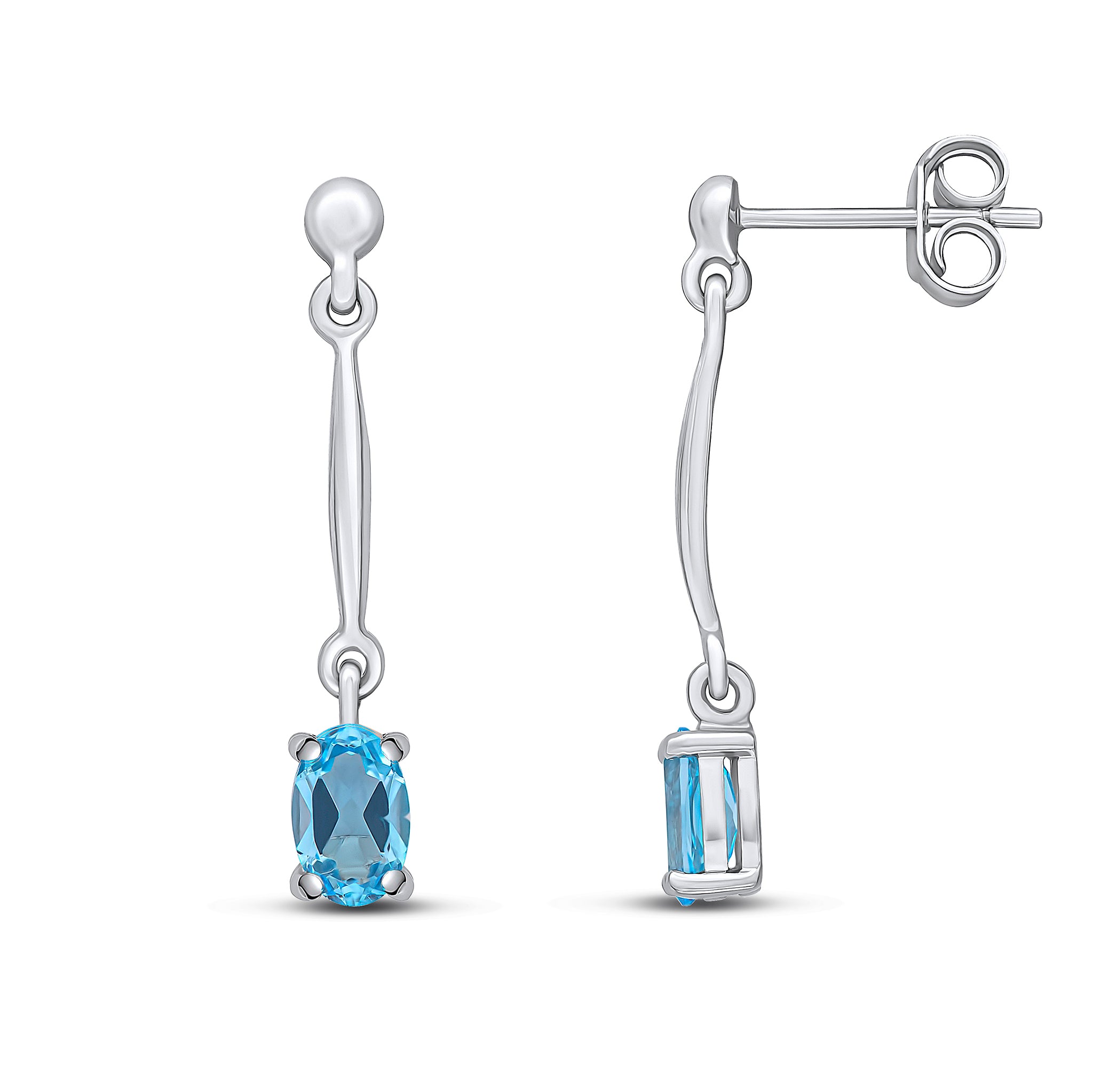 9ct White Gold Claw Set 6x4mm Oval Swiss Blue Topaz and Bar Drop Earrings