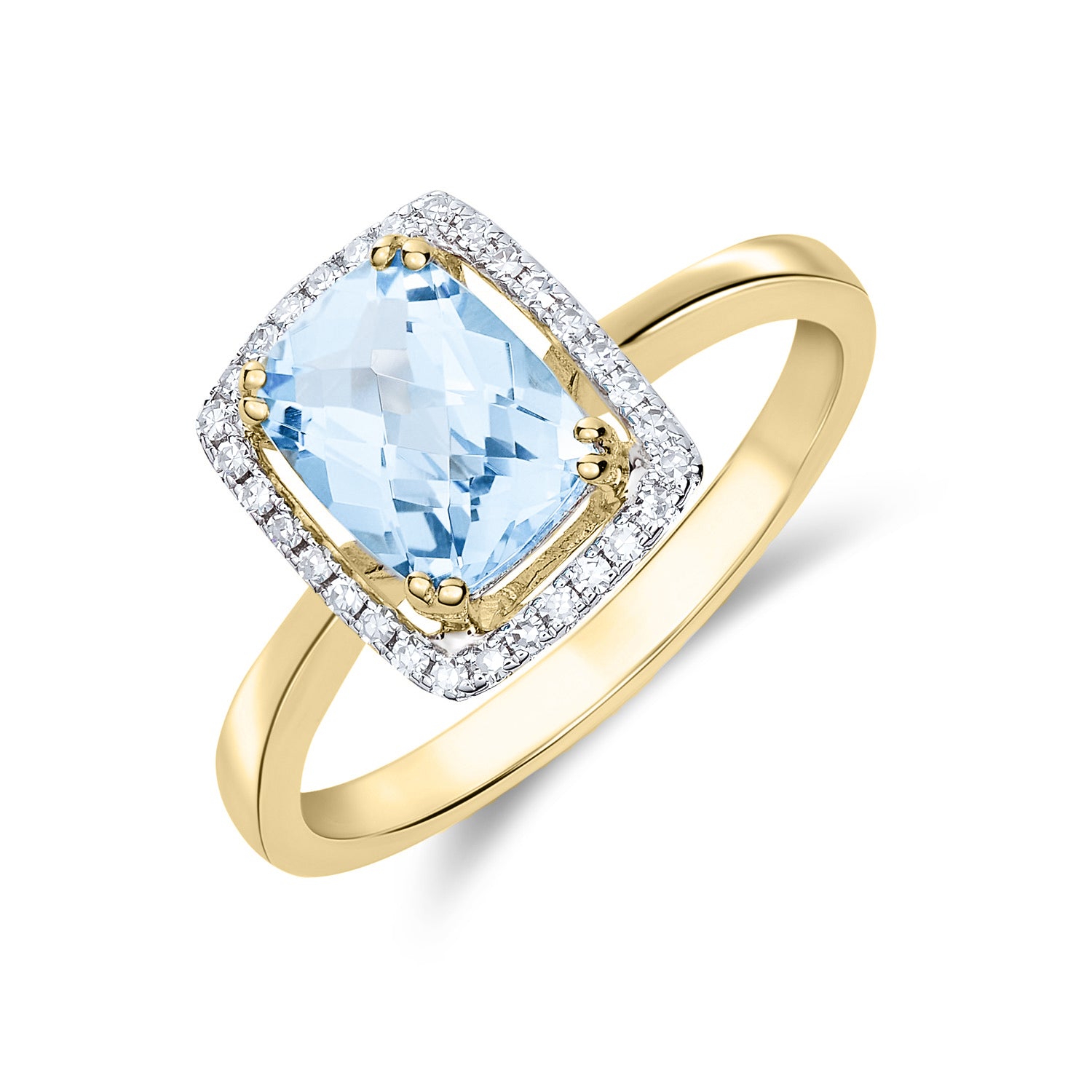 9ct Yellow Gold 8x6 Cushion Checkerboard Cut Aquamarine & Diamond Halo Cluster Ring