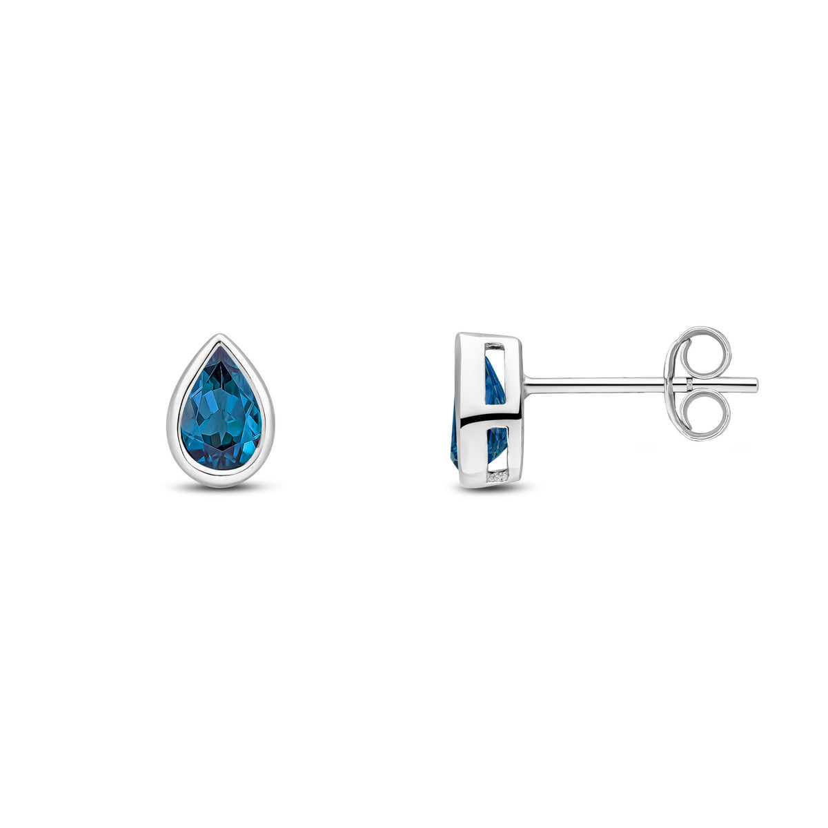 9ct White Gold 6x4 Pear Shape London Blue Topaz Rubover Set Earrings