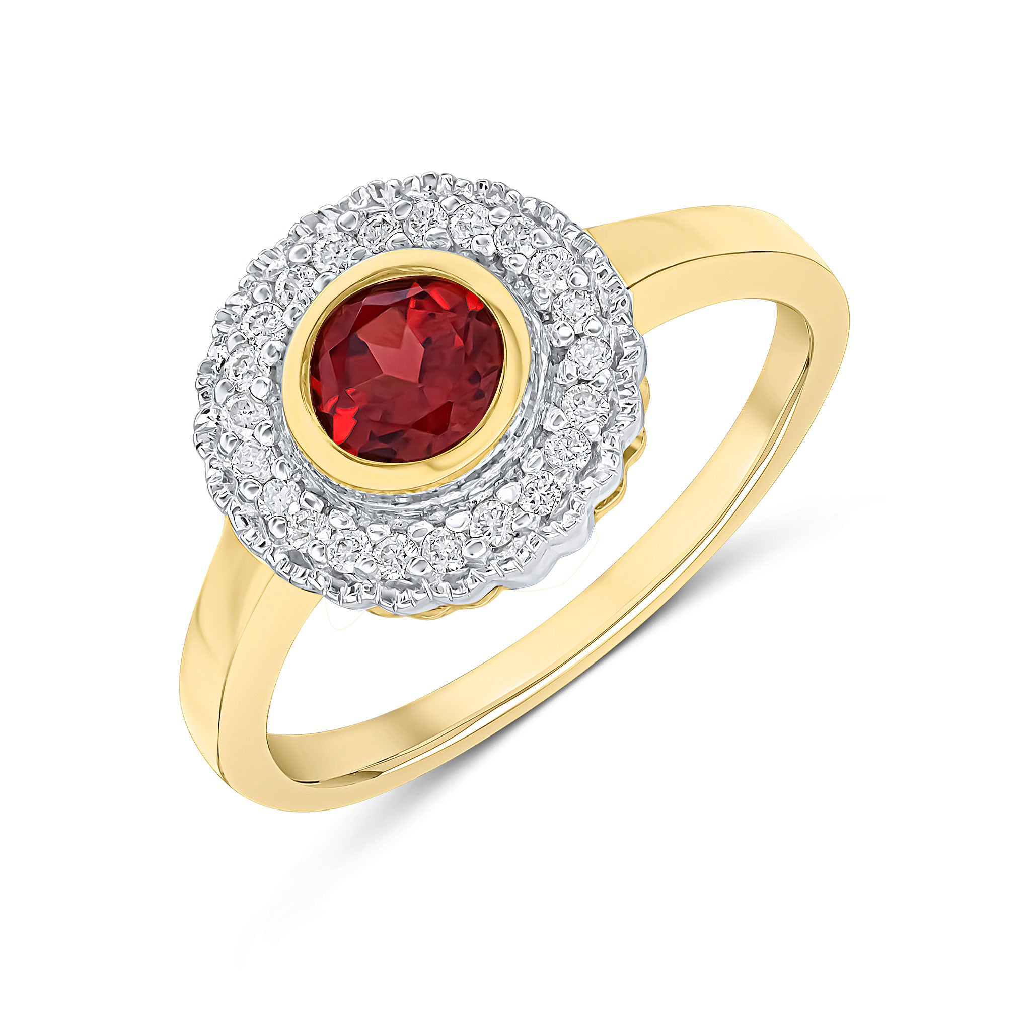 9CT YELLOW GOLD ROUND RUBOVER GARNET AND MILLEGRAIN ROUND DIAMOND CLUSTER RING. RHODIUM TO DIAMONDS 1