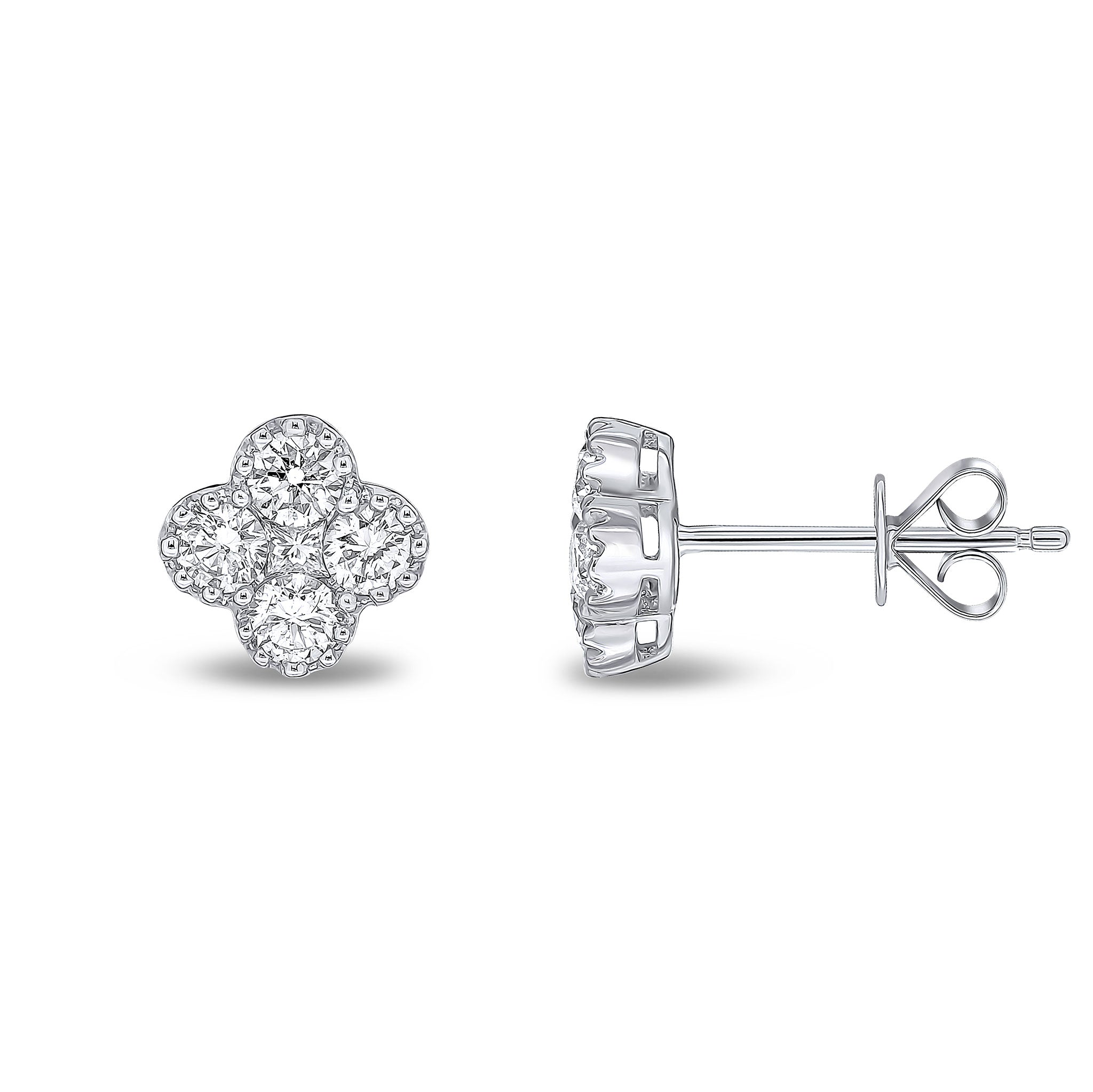18ct White Gold Round and Princess Cut Diamond Quatrefoil Stud Earrings Milgrain Set