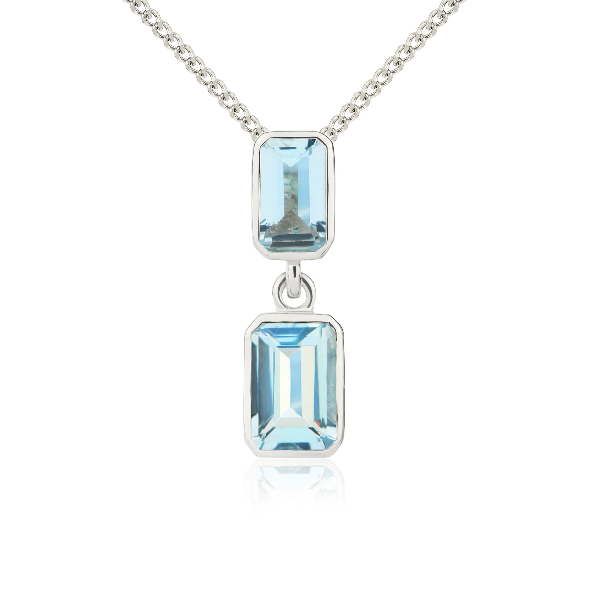 9ct White Gold Octagon Aquamarine 2 Stone Rubover Drop Pendant