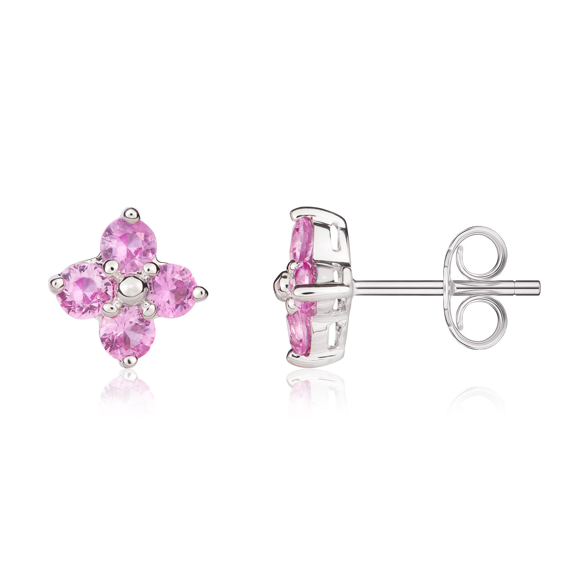 9ct White Gold Round Pink Sapphire Quatrefoil Claw Earrings
