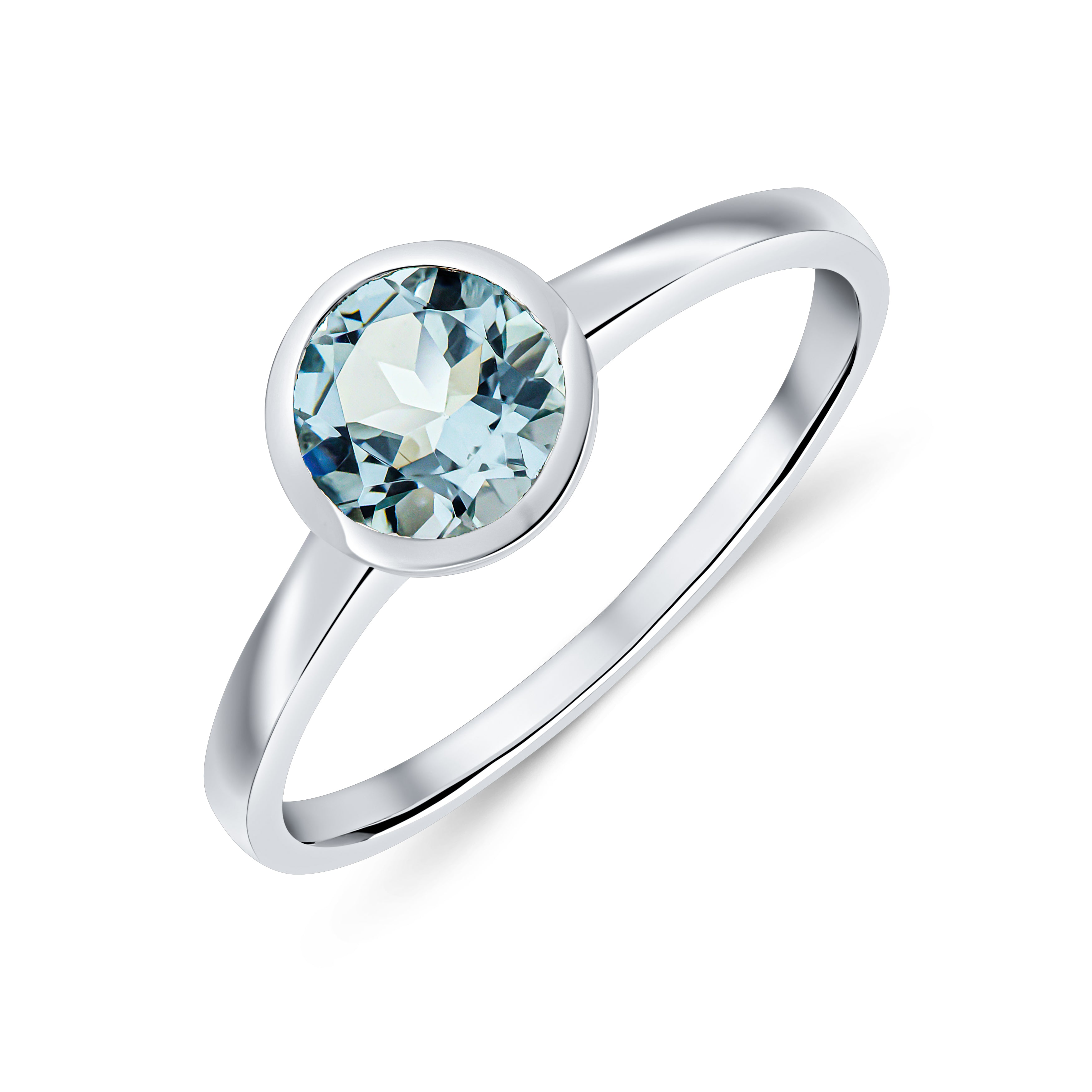 9ct White Gold 6mm Round Aquamarine Rubover Single Stone Ring