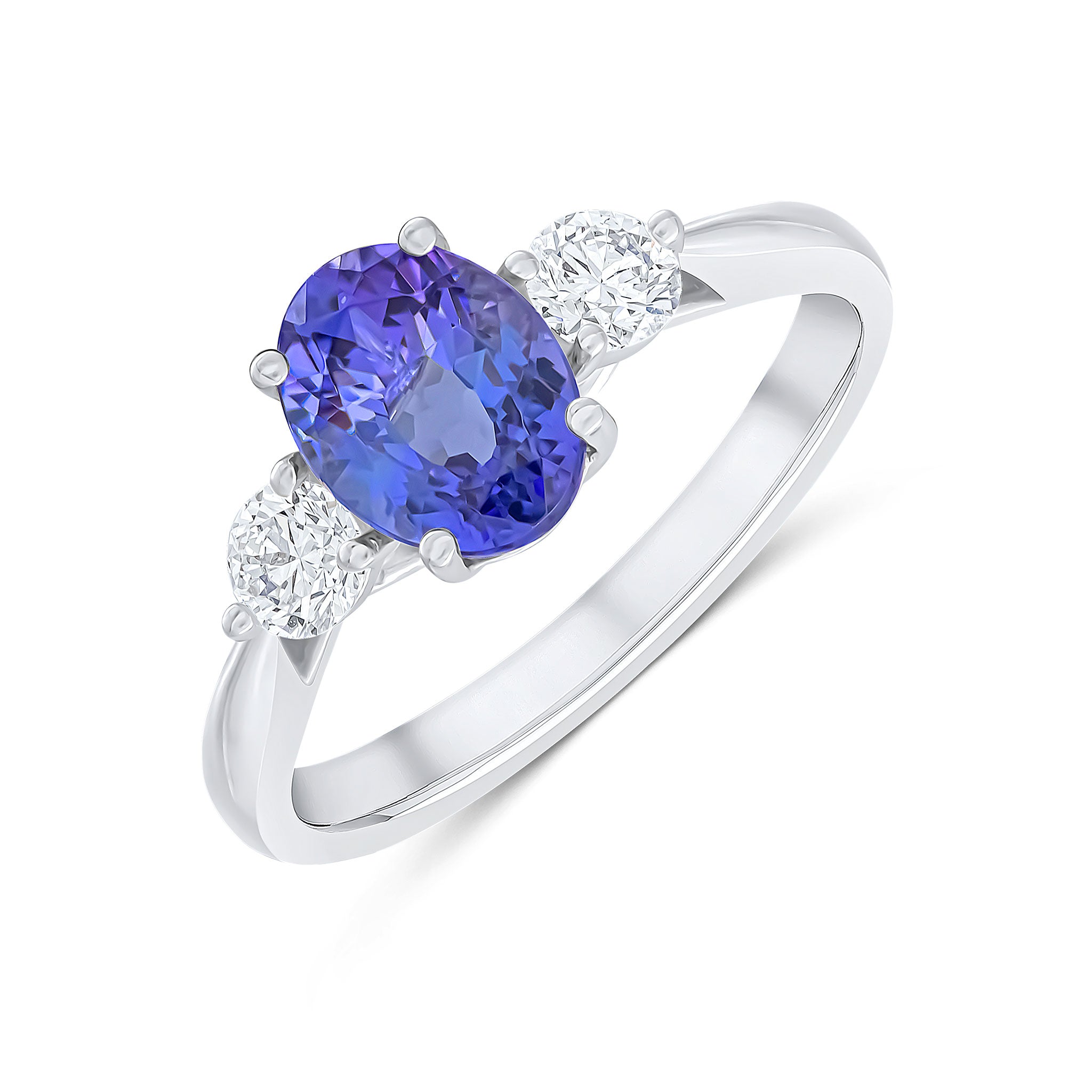 18ct White Gold 8x6 Oval Tanzanite and Round Diamond Claw Set 3 Stone Ring
