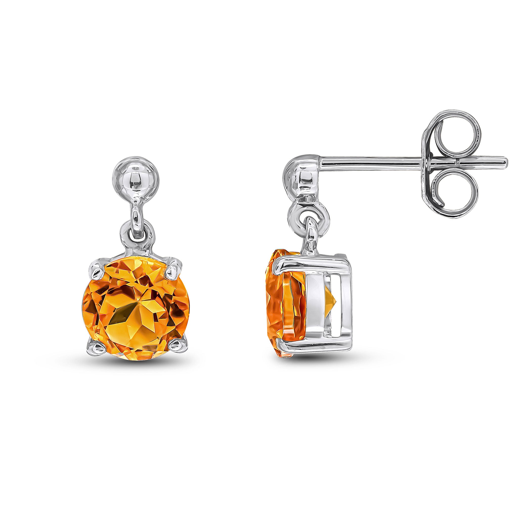 9ct White Gold 6mm Round Citrine Claw Set Drop Earrings with Bead Top