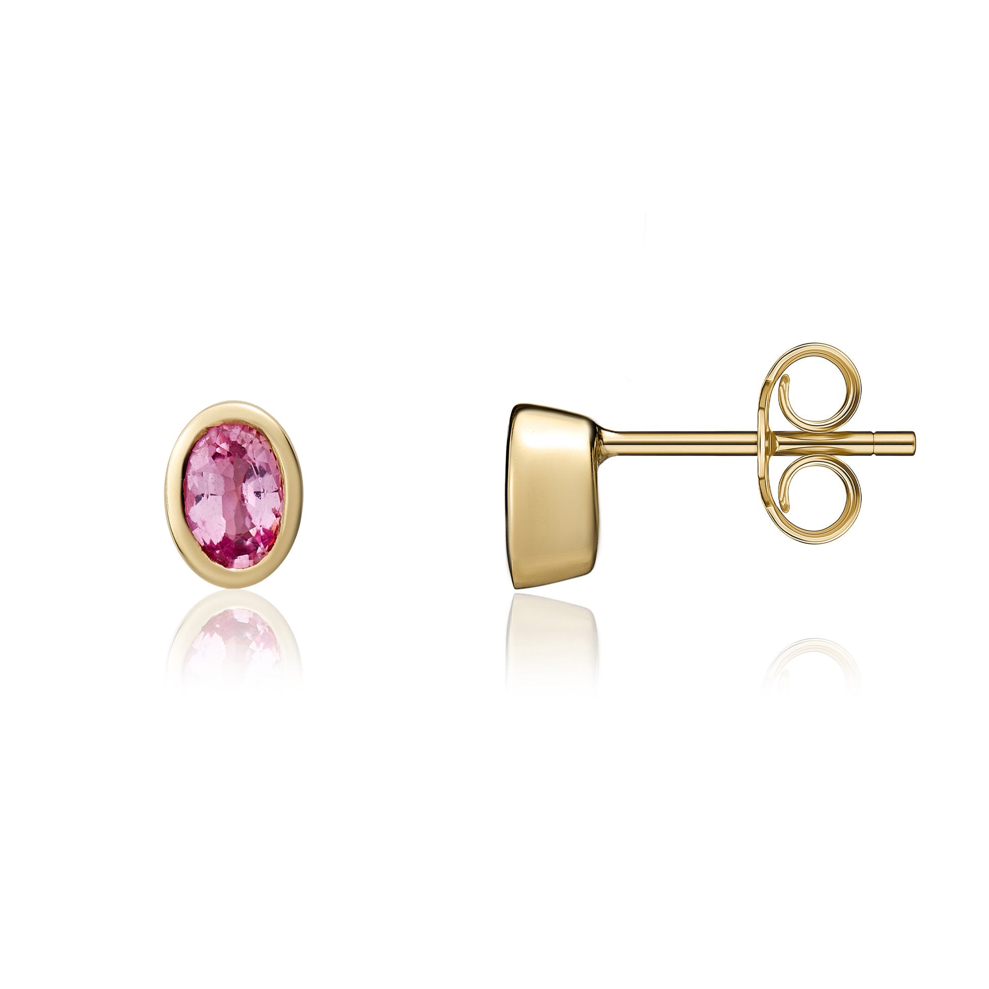 9ct Yellow Gold 4x3 Oval Pink Sapphire Rubover Set Earrings