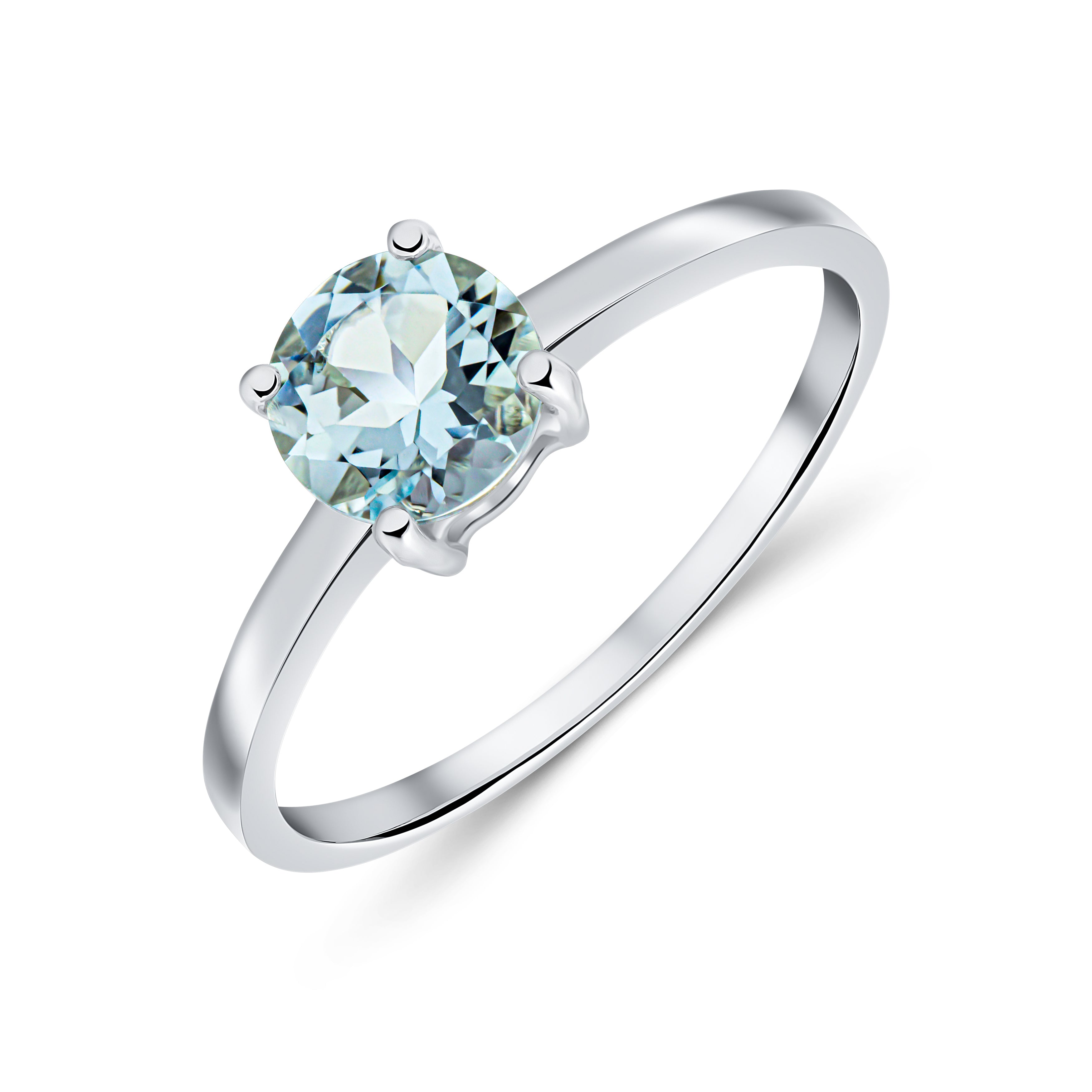 9ct White Gold 6mm Round Aquamarine 4 Claw Single Stone Ring