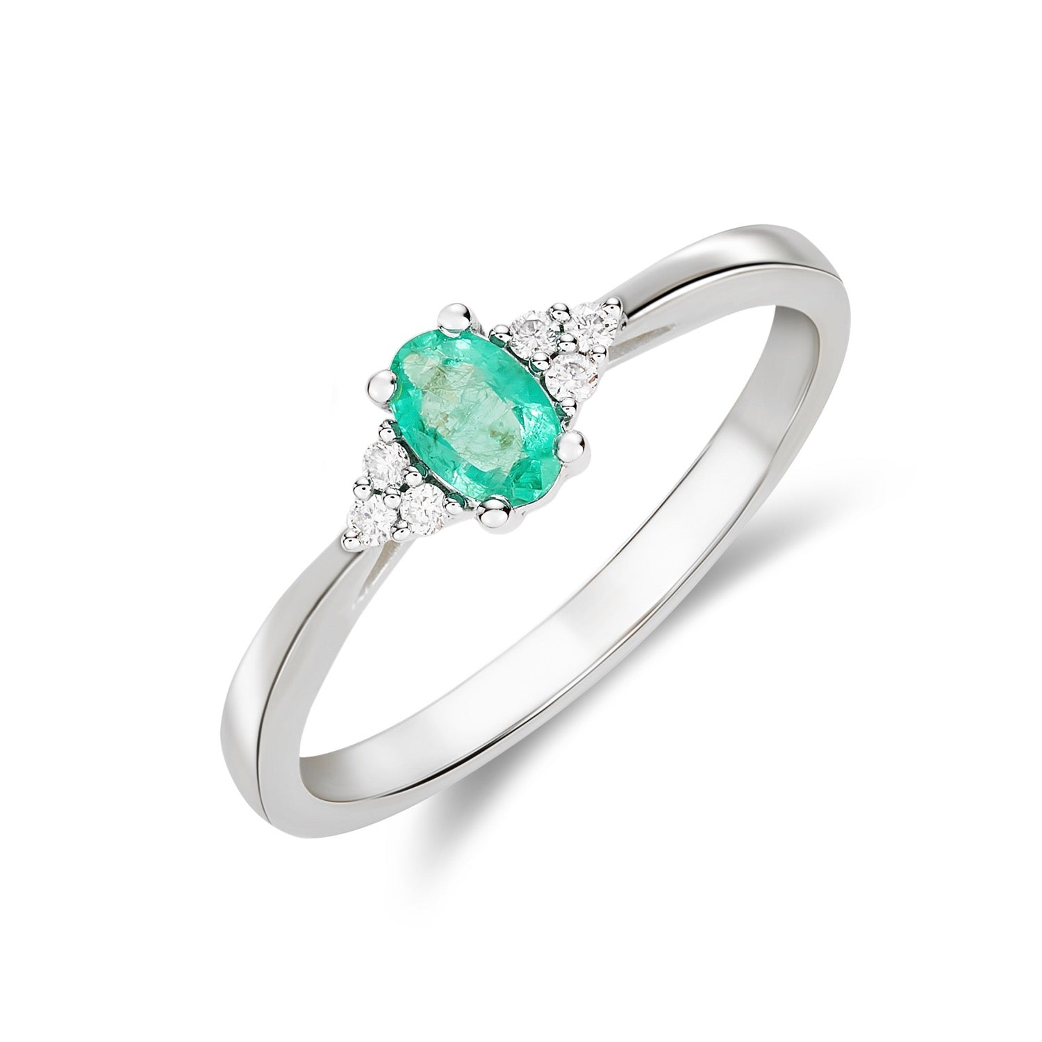 9CT WG 6X4 OVAL EMERALD AND DIAMOND TREFOIL SHOULDERS CLAW SET RING 1