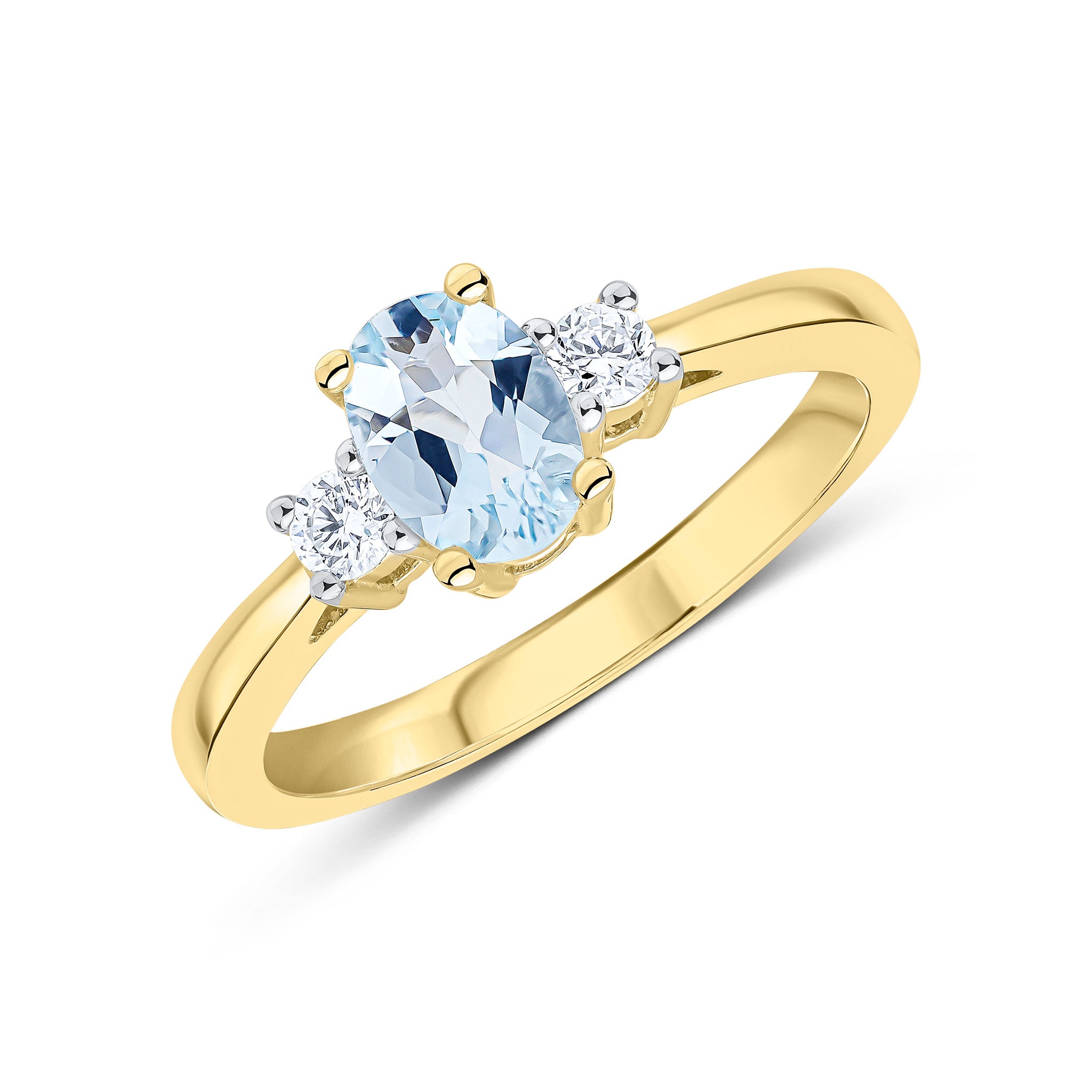 9ct Yellow Gold 7x5 Oval Aquamarine and Round Diamond Claw Set 3 Stone Ring