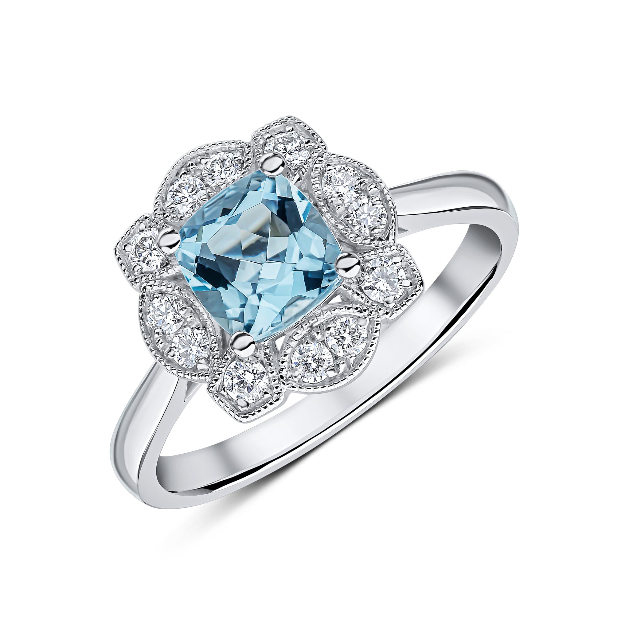 18ct White Gold Cushion Aquamarine & Milgrain Diamond Fancy Cluster Ring