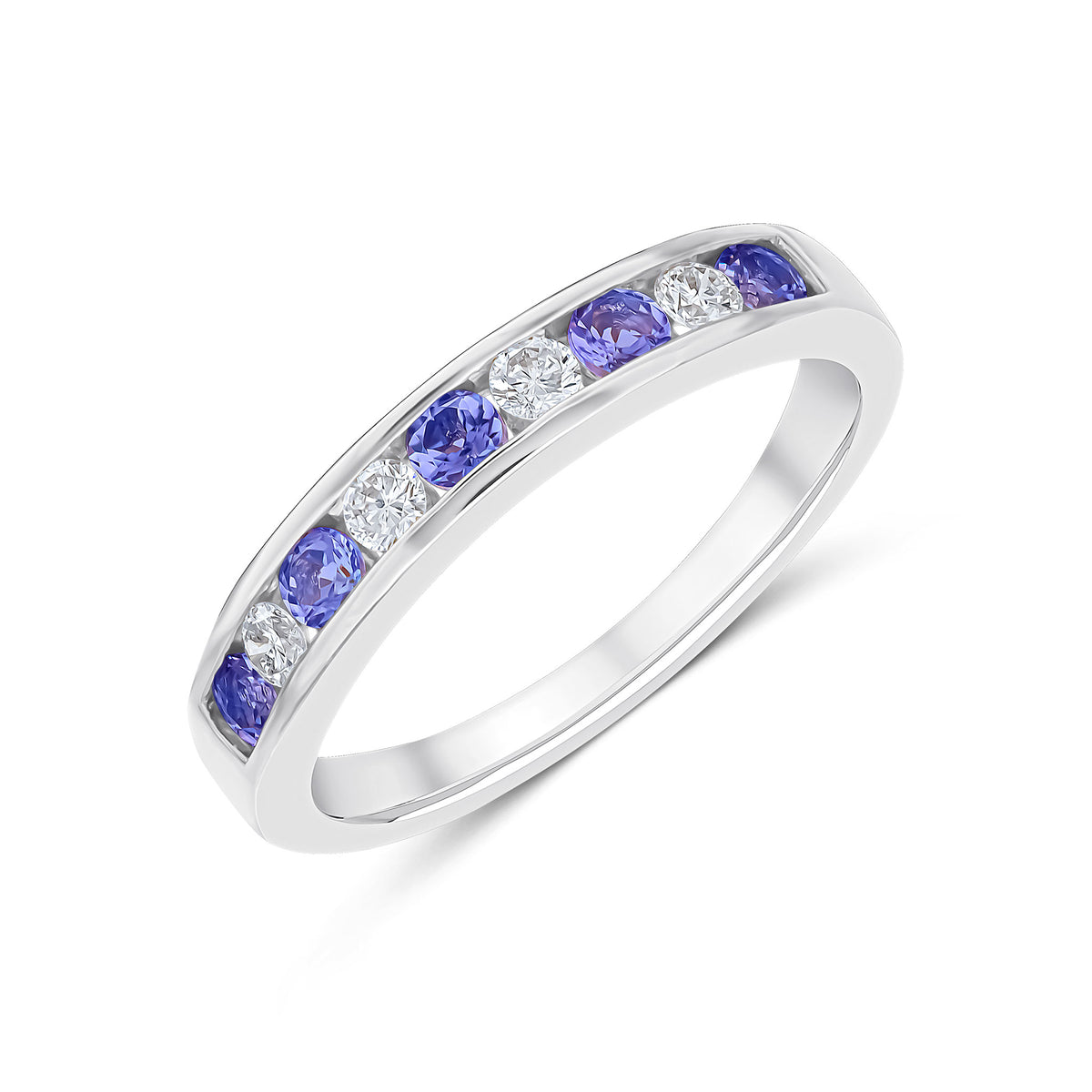 9ct White Gold Round Tanzanite and Diamond 9 Stone Channel Set Half Eternity Ring