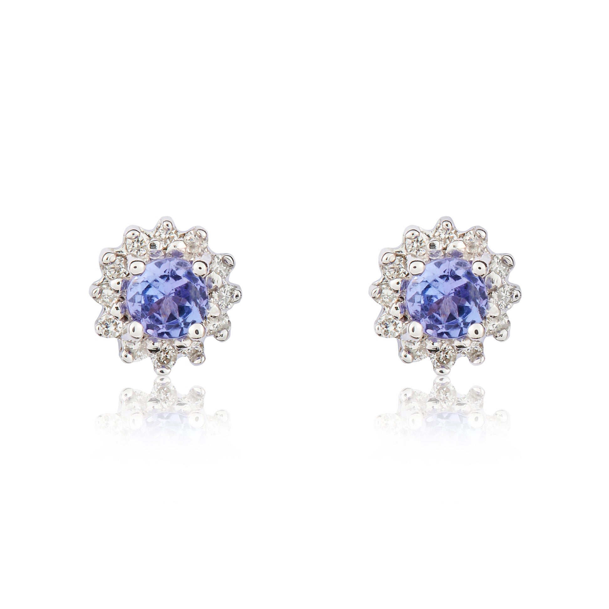 9ct White Gold 3mm Round Tanzanite and Diamond Claw Cluster Earrings