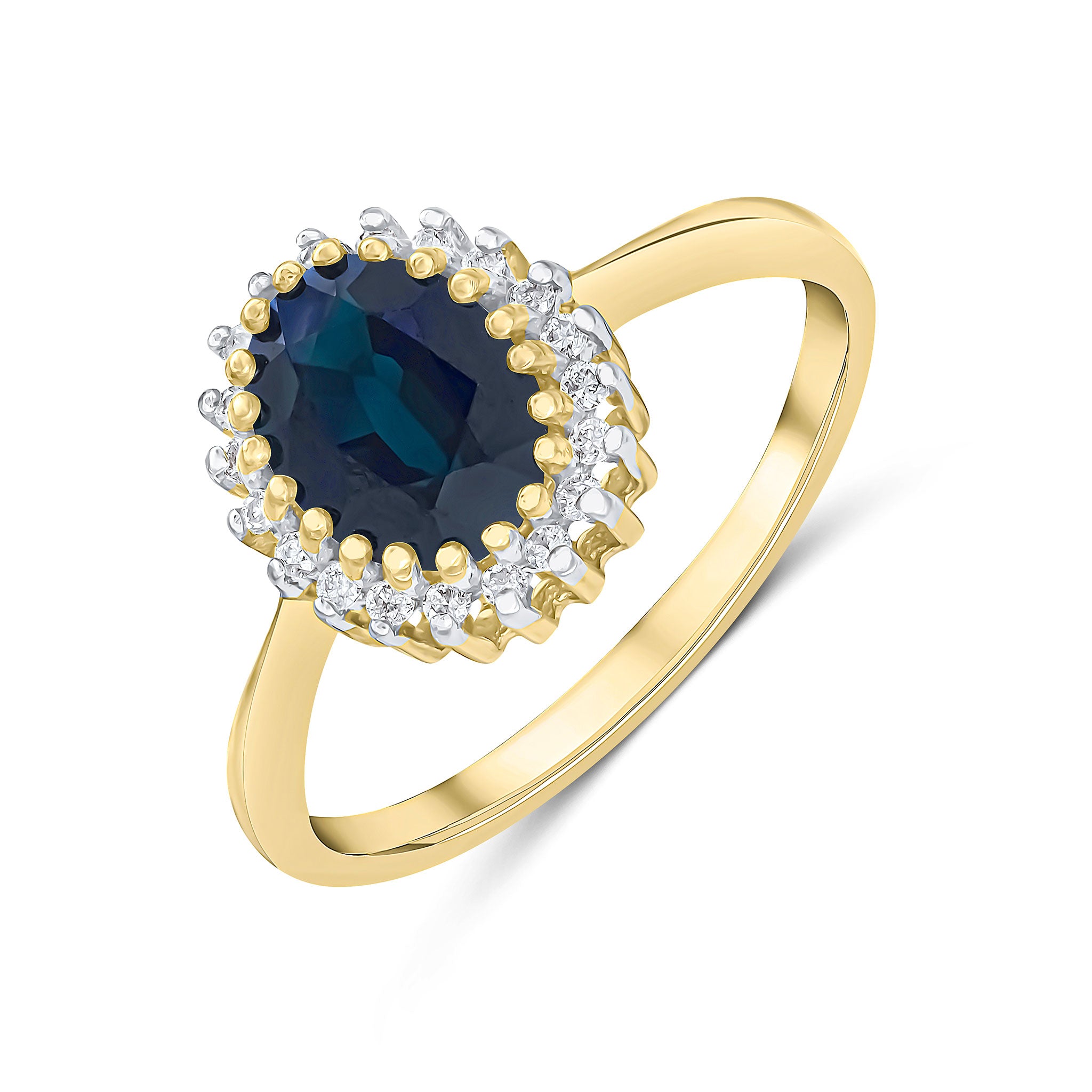 9ct Yellow Gold 8x6 Oval Sapphire & Diamond Claw Set Cluster Ring Rhodium to Diamonds
