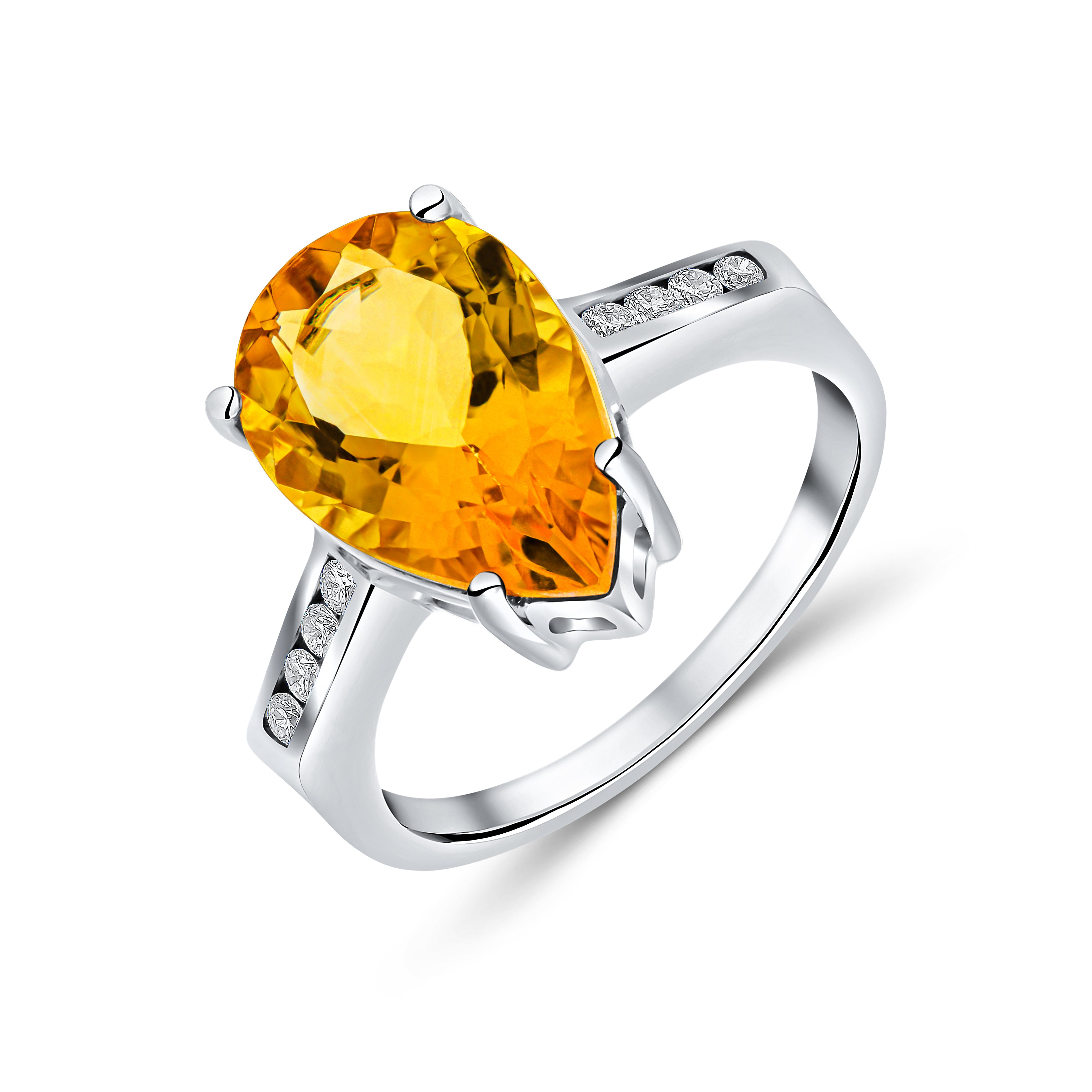 9ct White Gold 14x9 Pear Shape Citrine Single Stone Ring with Channel Set Diamond Shoulders