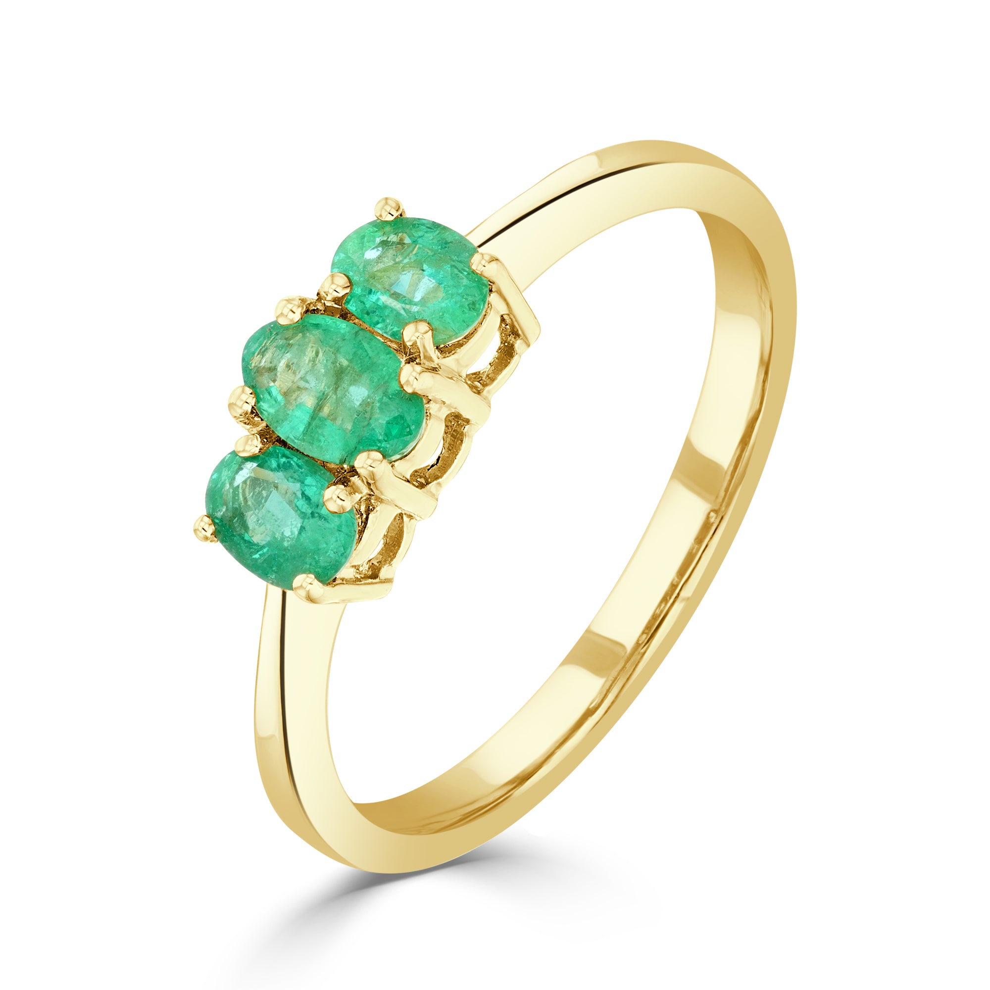 9ct Yellow Gold Oval Emerald 3 Stone Claw Set Ring