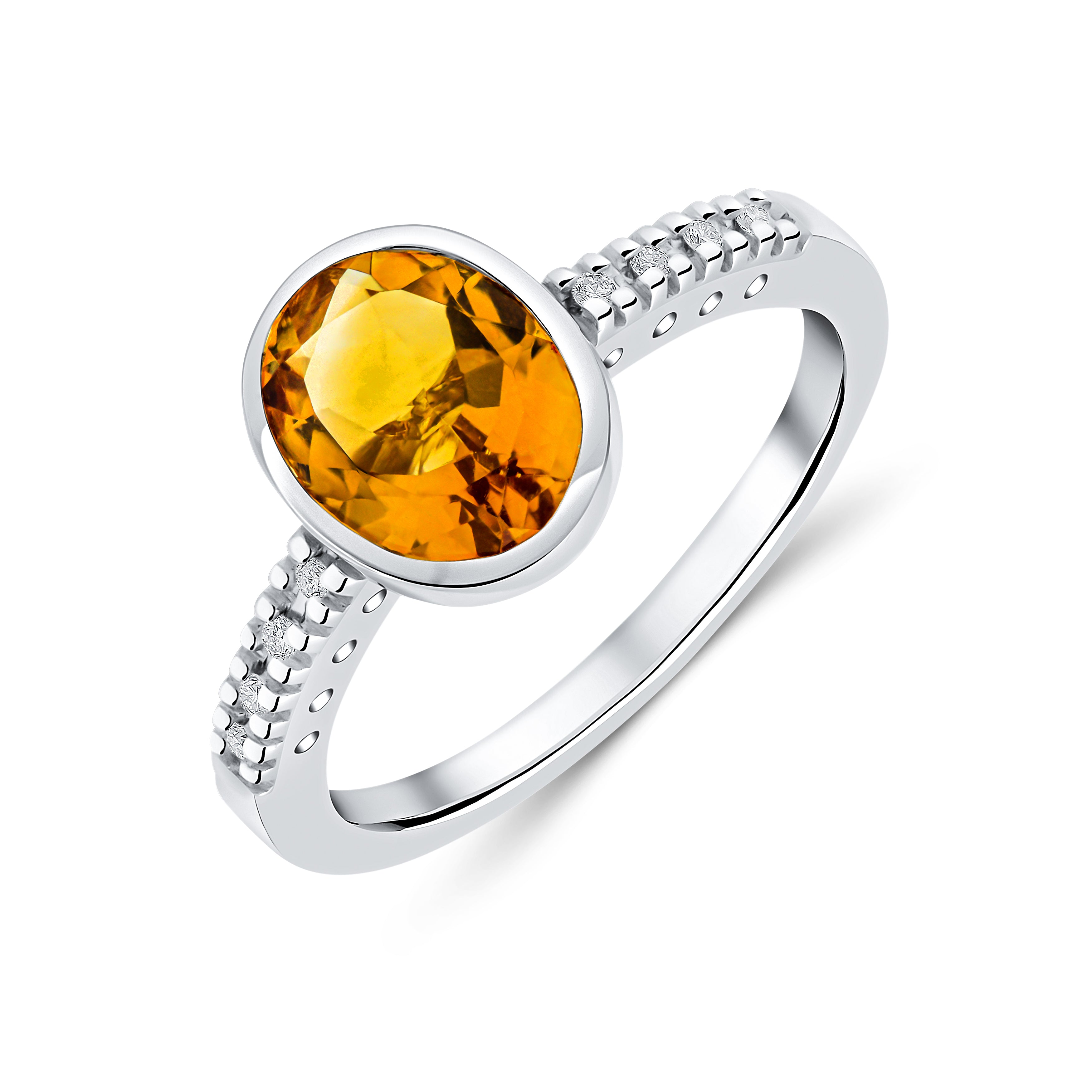 9ct White Gold Rubover 9x7 Oval Citrine Single Stone Ring with Claw Set Diamond Shoulders