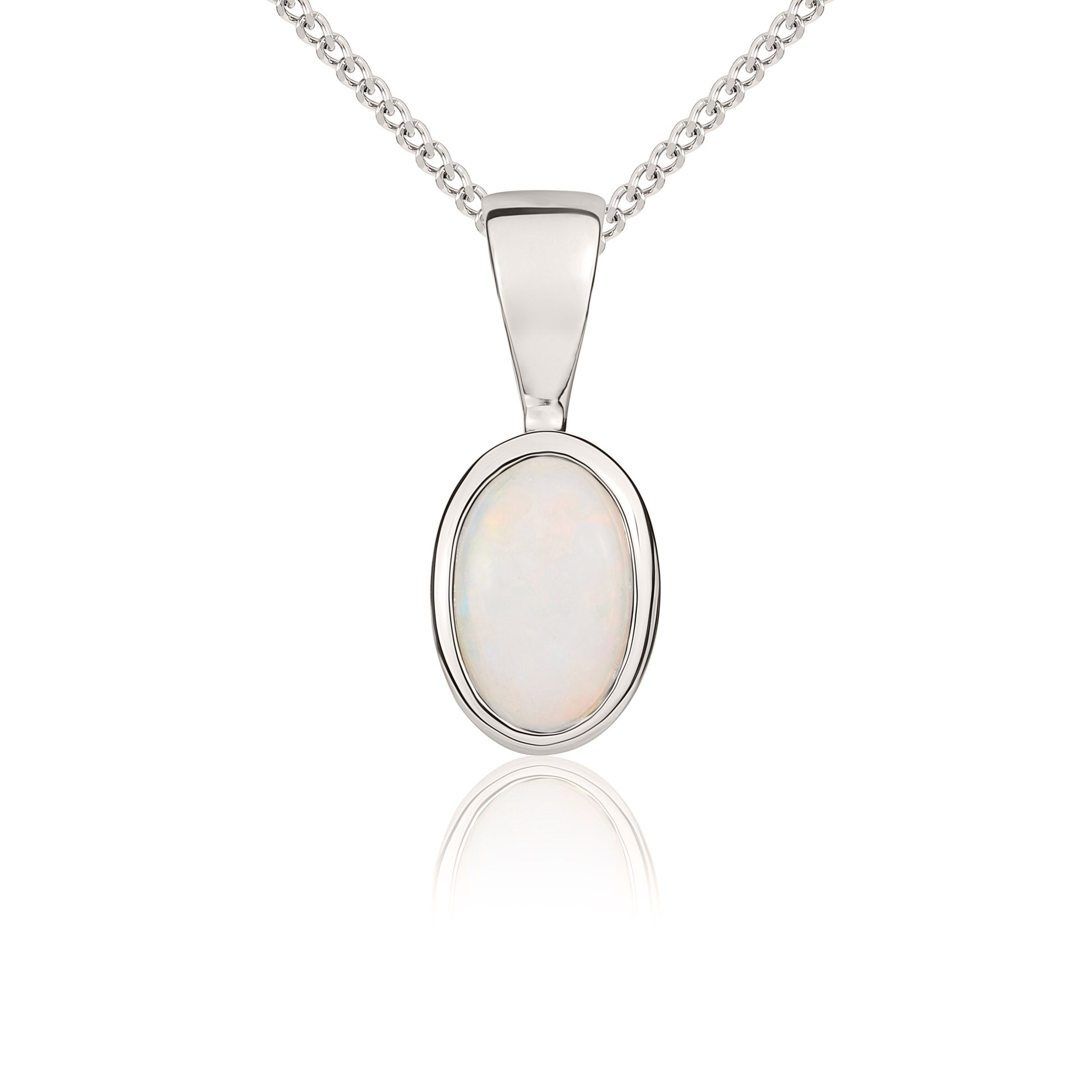 9ct white gold 6 x 4 mm oval Opal rubover pendant