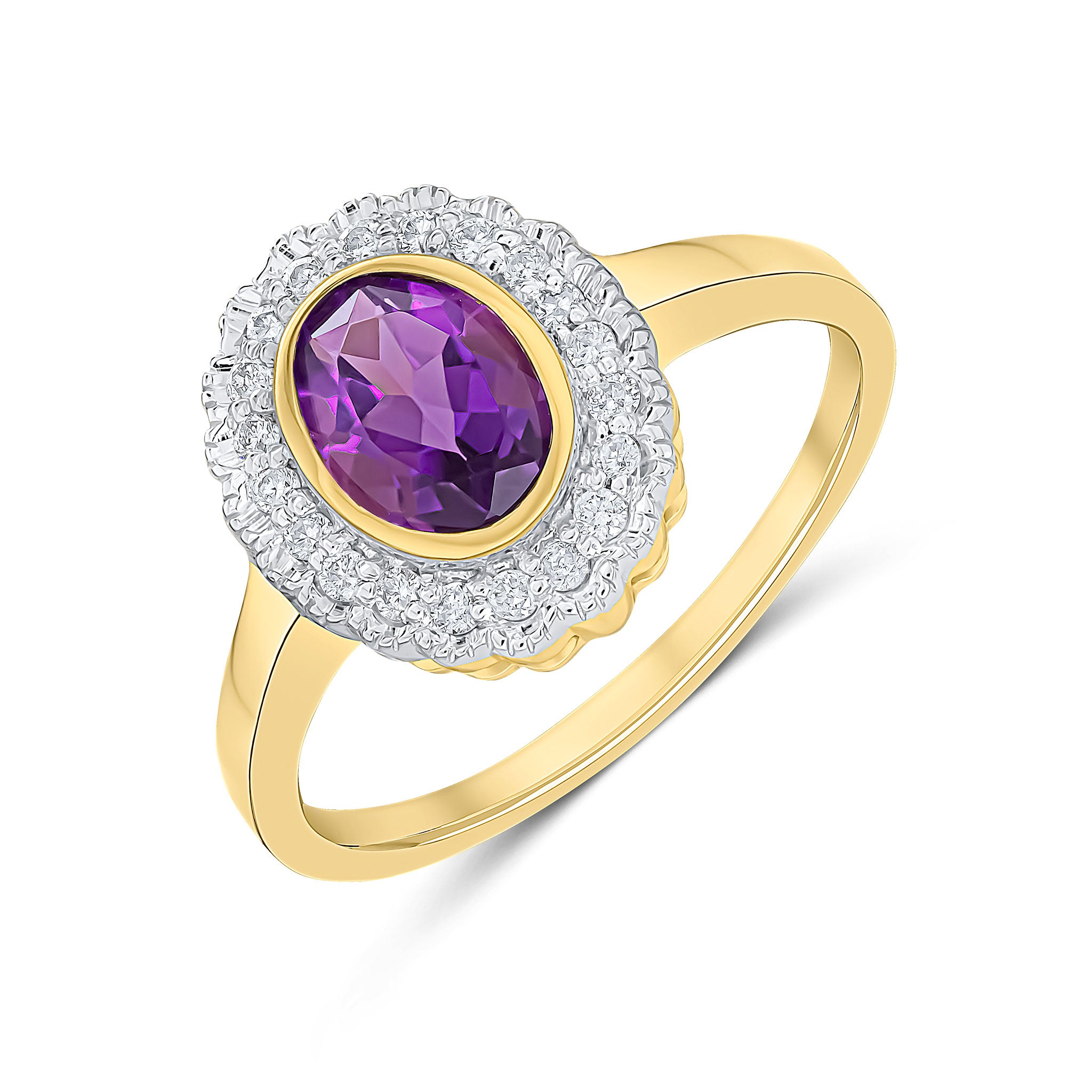 9CT YG RUBOVER 7X5 OVAL AMETHYST AND MILLEGRAIN ROUND DIAMOND CLUSTER RING. RHODIUM TO DIAMONDS 1