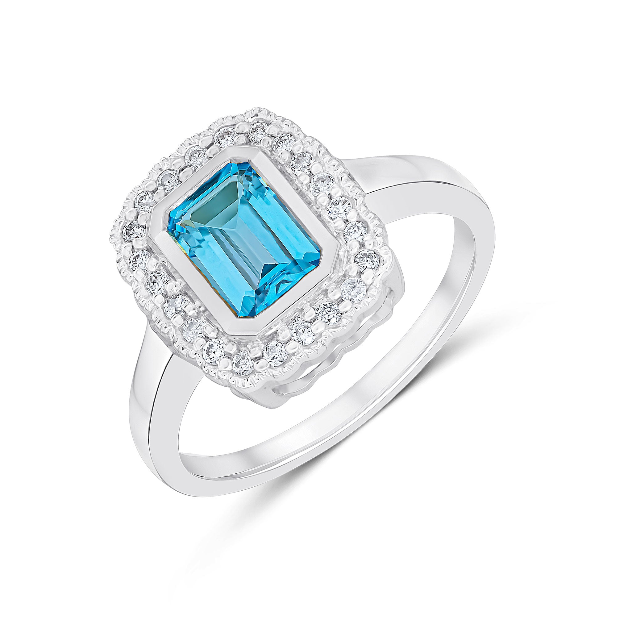 9CT WG RUBOVER 7X5 OCTAGON SWISS BLUE TOPAZ AND DIAMOND CLUSTER RING WITH MILLEGRAIN EDGE. 1