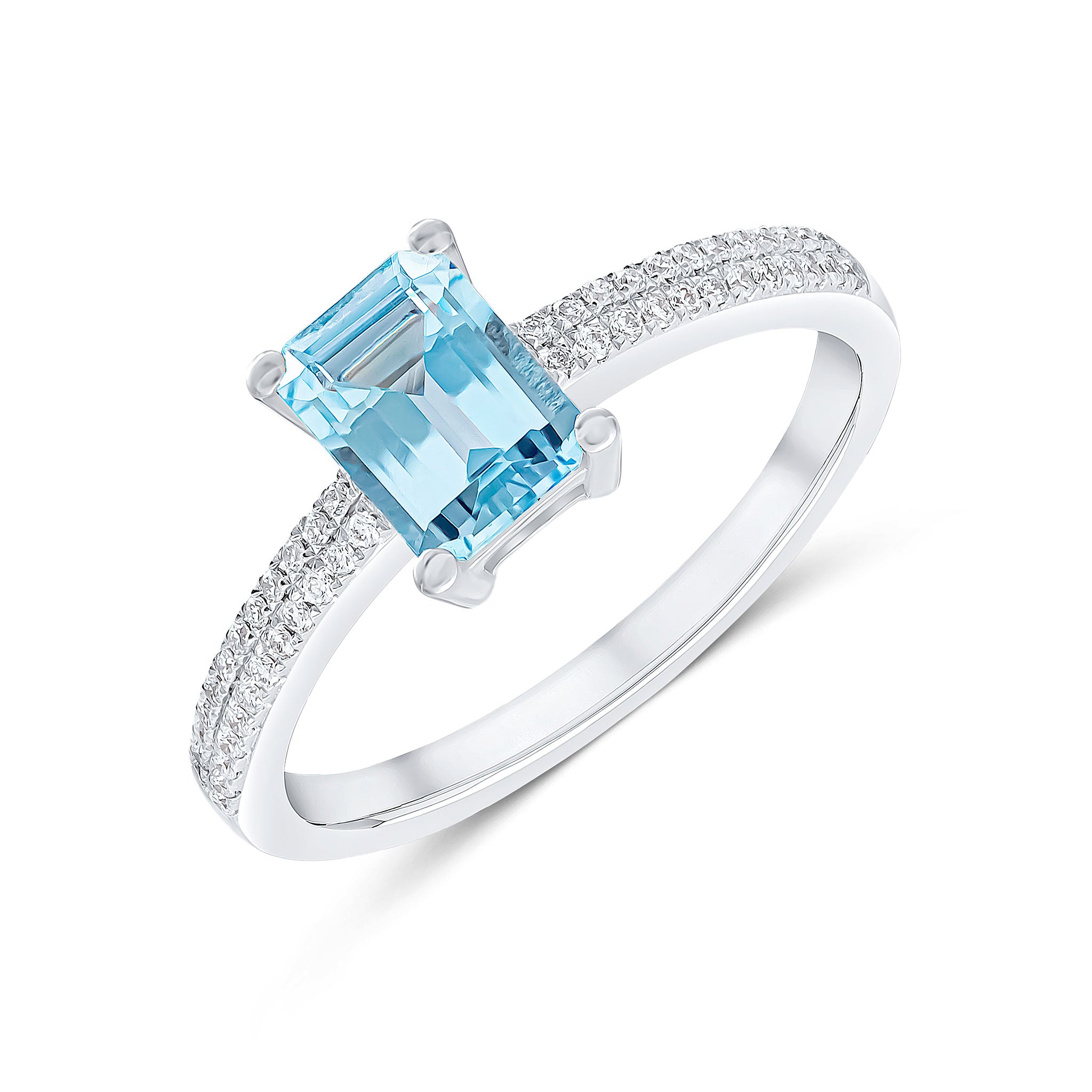 18ct White Gold Claw Set 7x5 Octagon Aquamarine Single Stone Ring with Pave Set Diamond Shoulders
