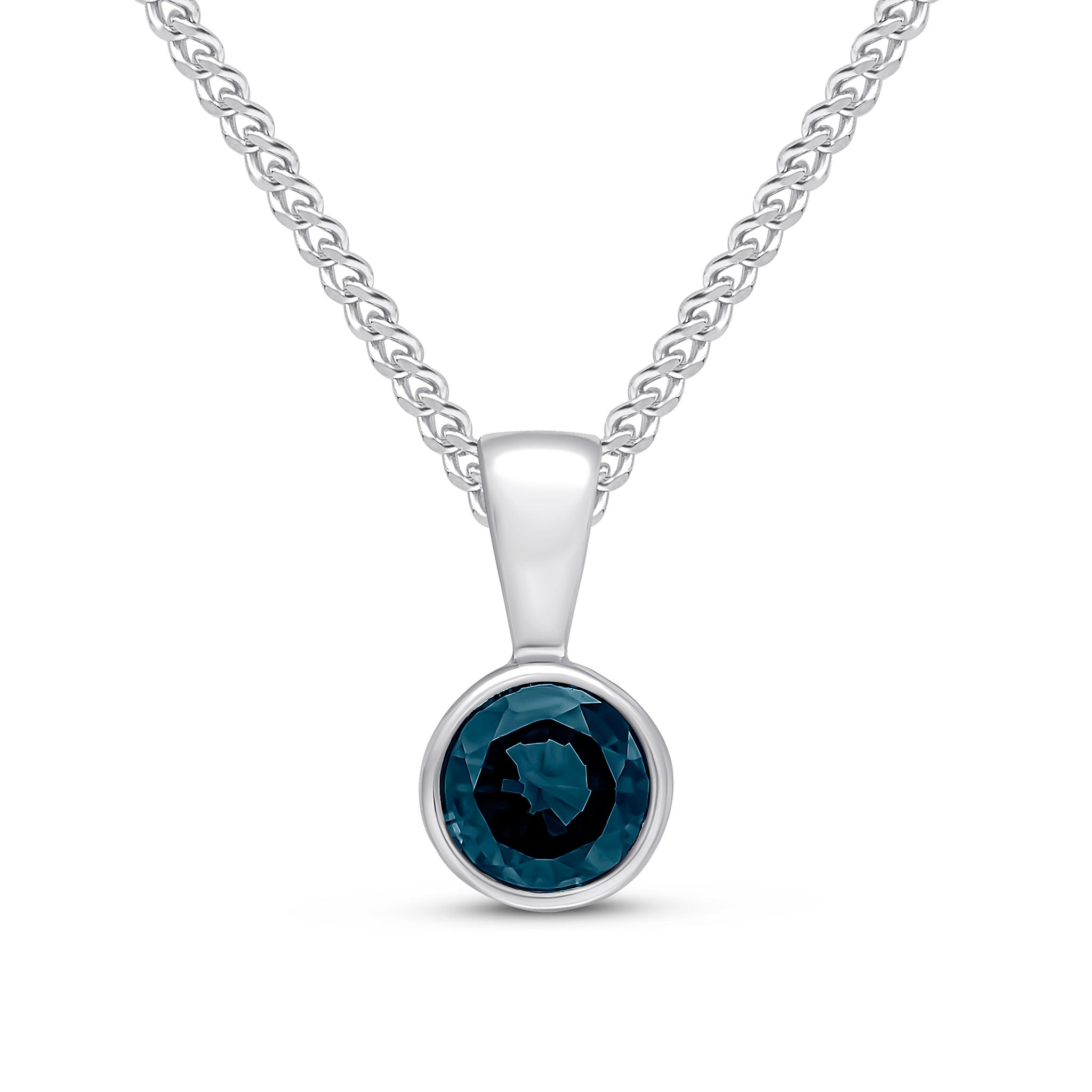 9ct white gold 5mm Round Sapphire rubover pendant