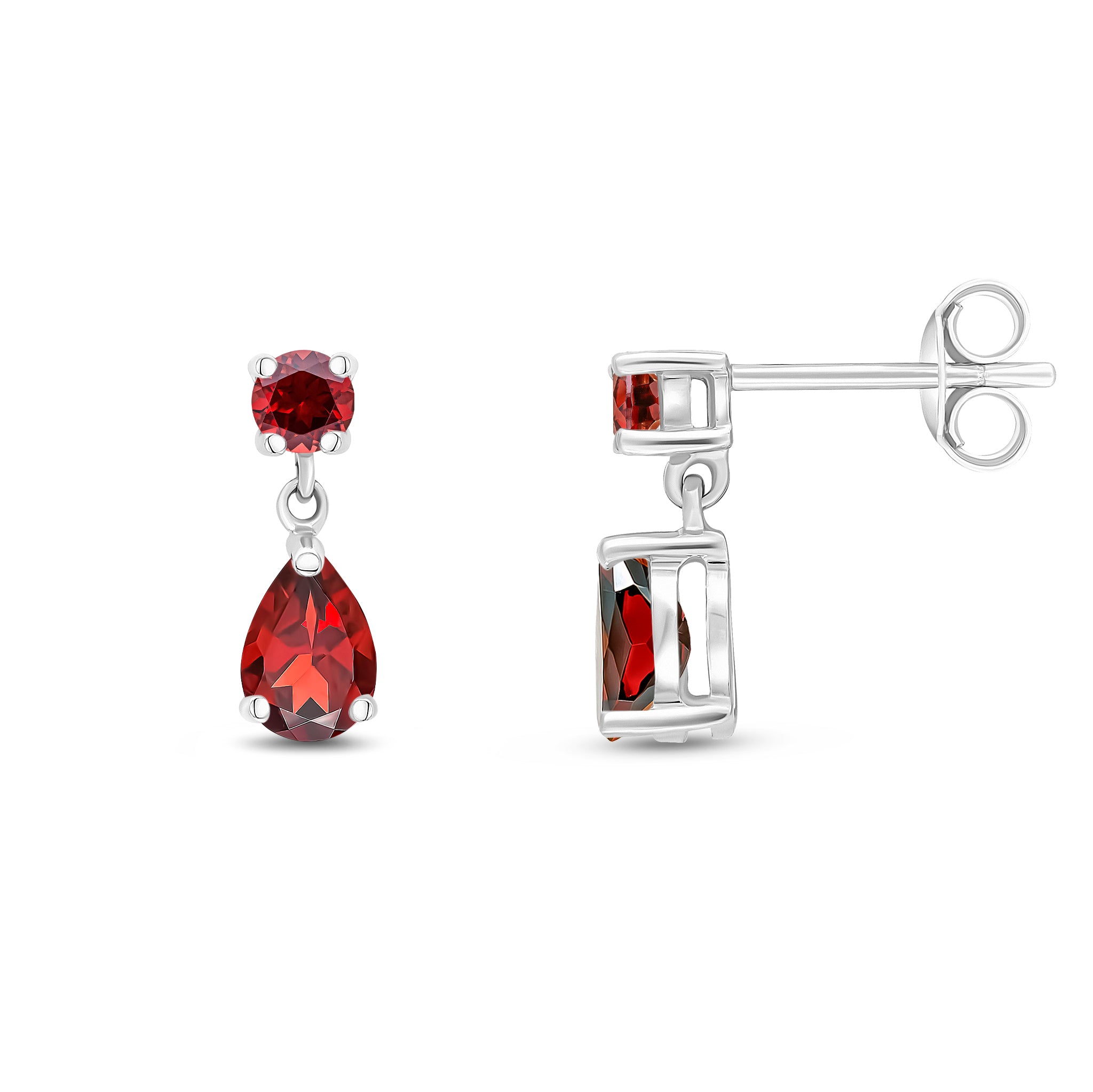 9ct White Gold Round and Pear Shape Garnet 2 Stone Claw Set Drop Earrings