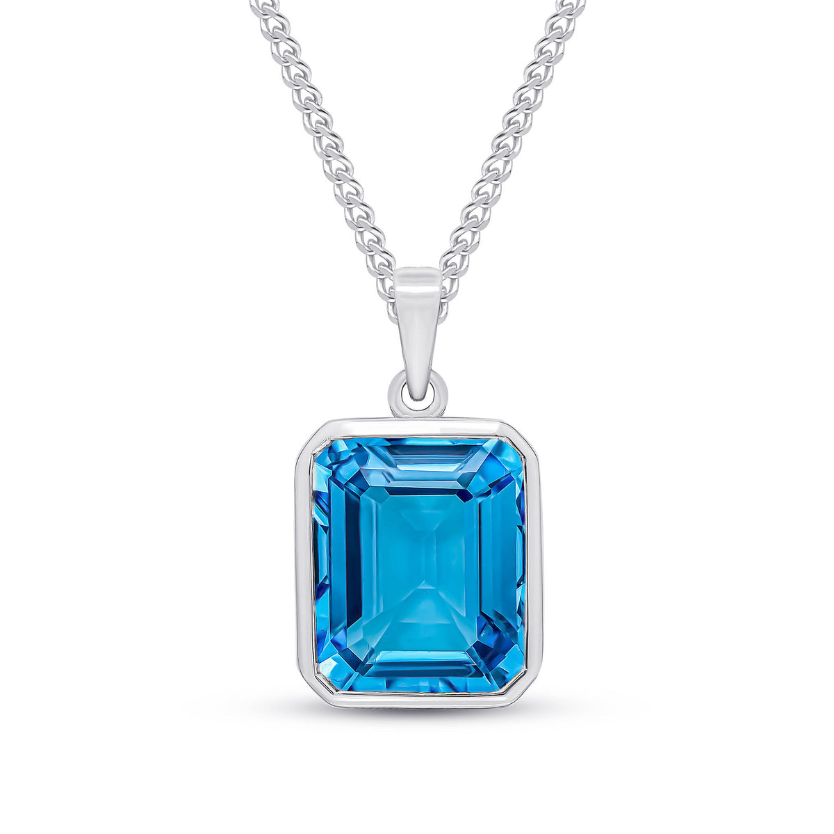 9ct White Gold 12x10 Octagon Swiss Blue Topaz Rubover Pendant