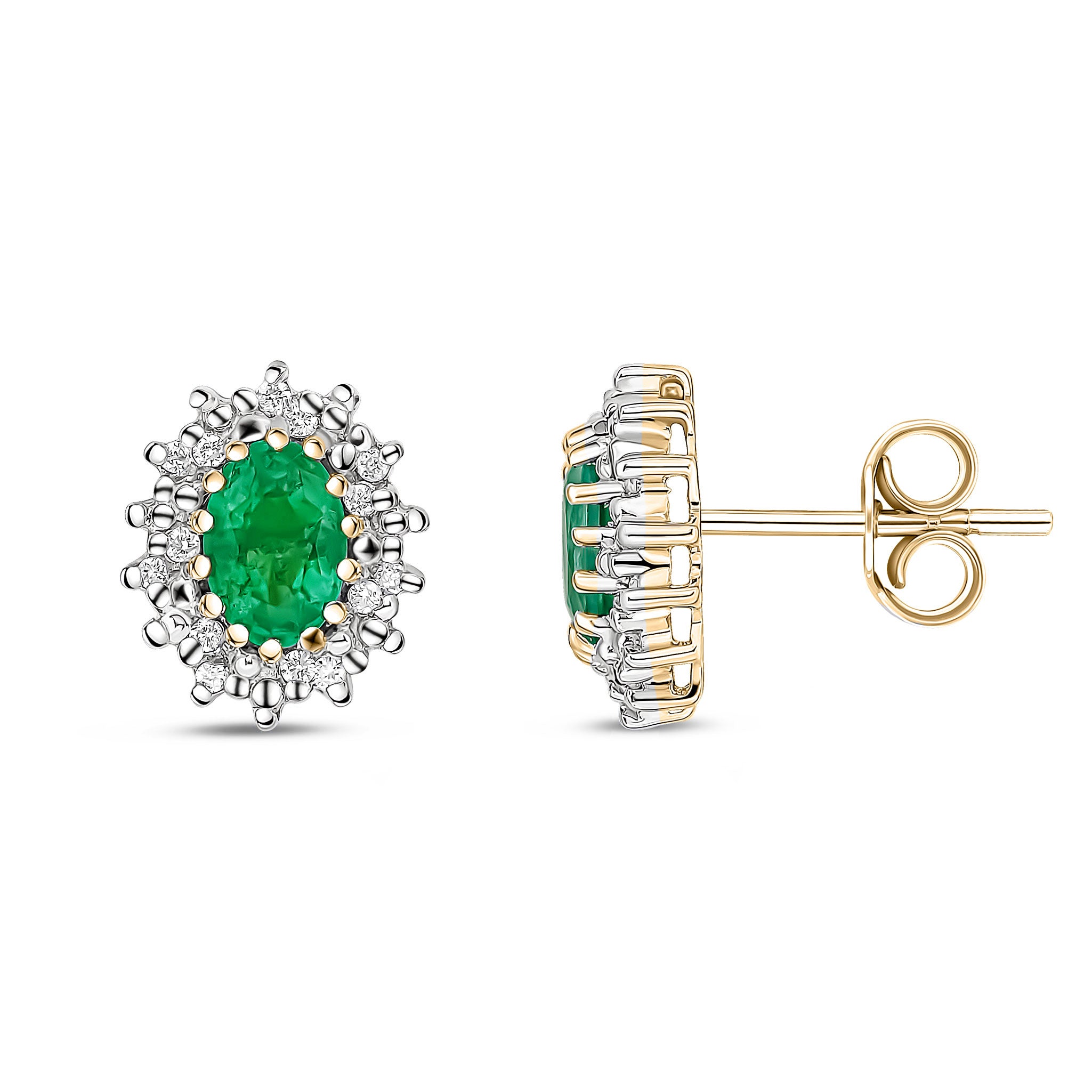 9ct Yellow Gold 6x4 Oval Emerald and Diamond Claw Cluster Earrings Rhodium to Diamonds
