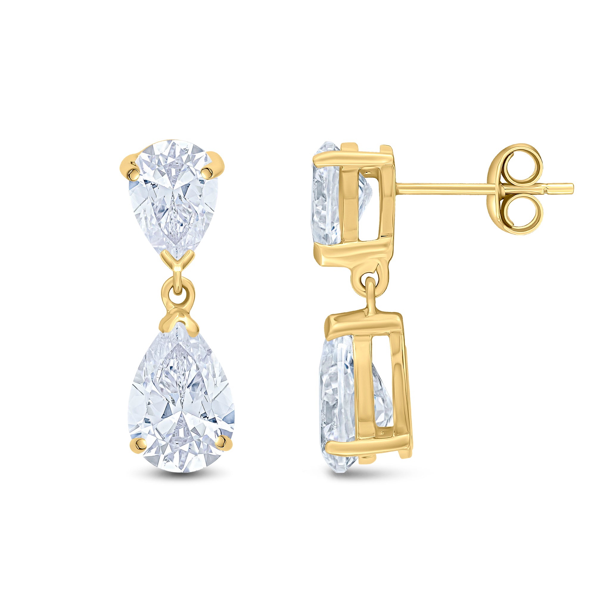 9ct Yellow Gold Pear Shape CZ 2 Stone Claw Set Drop Earrings