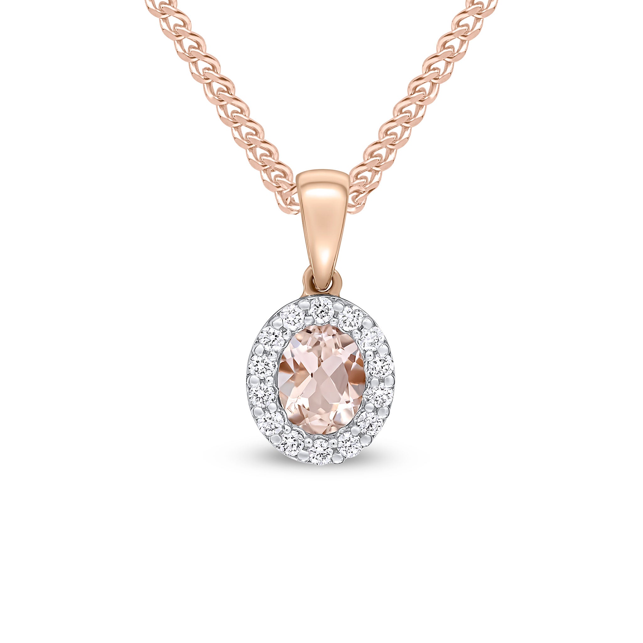 18ct Rose Gold 5x4 Oval Morganite & Diamond Microset Cluster Pendant
