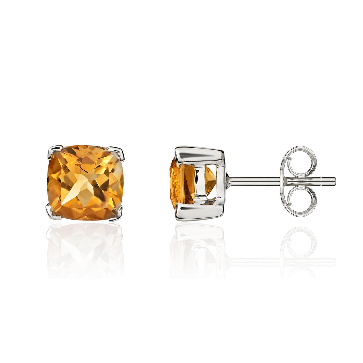 9ct White Gold 6mm Cushion Citrine Claw Set Earrings