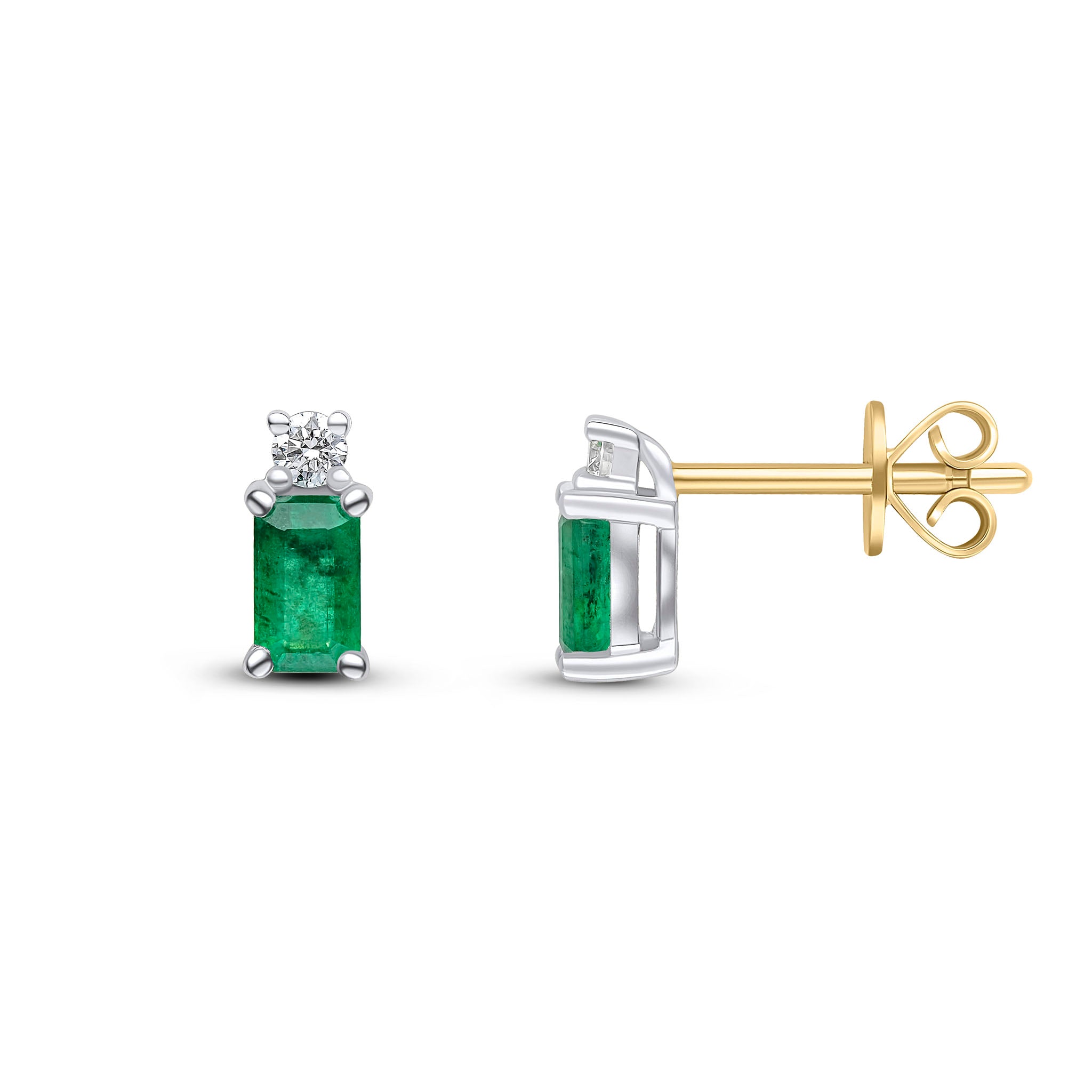 18ct White Gold 5x3 Octagon Emerald and Round Diamond 2 Stone Earrings with Yellow Gold Peg and Scroll Fittings