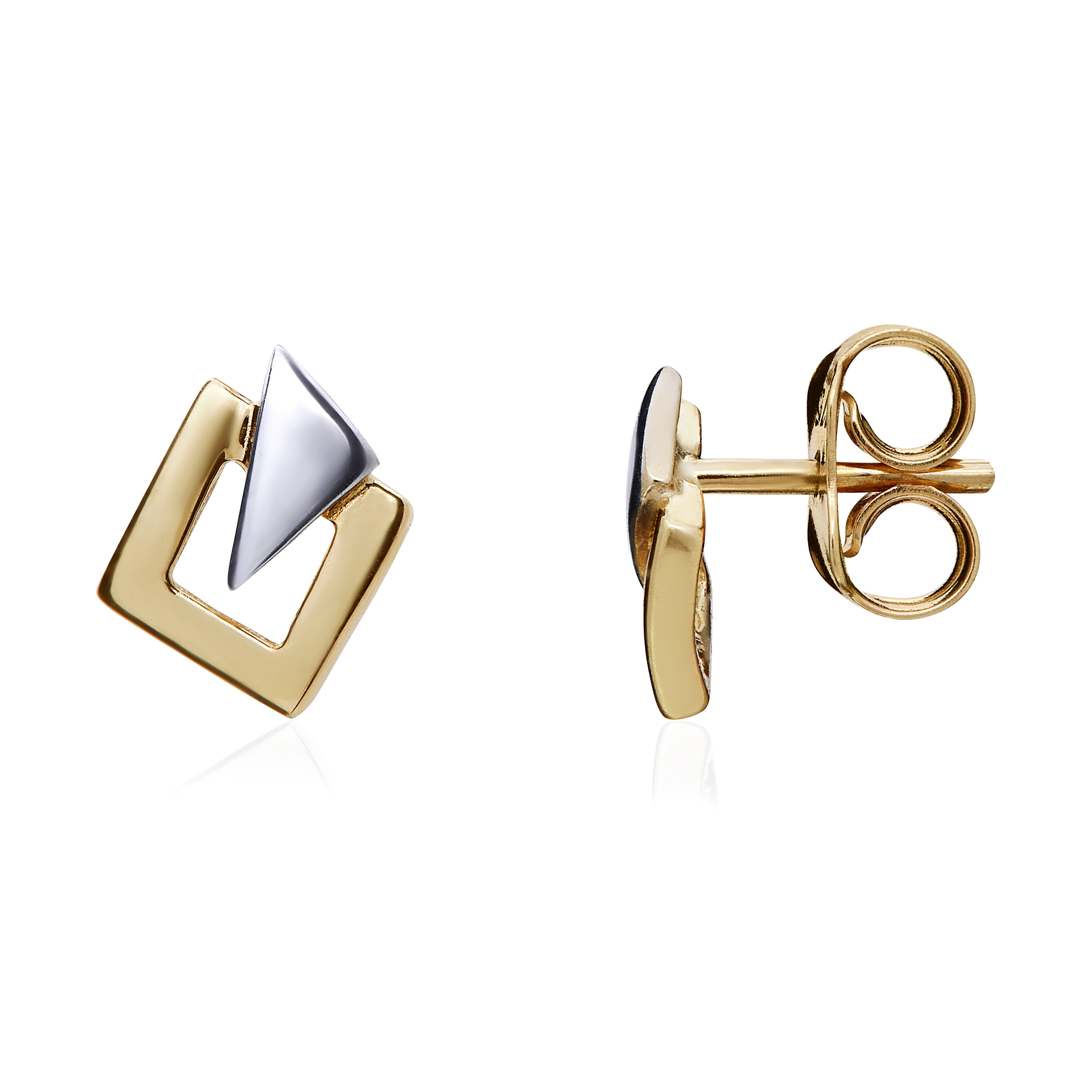 9ct Yellow Gold Open Square With White Gold Triangle Overlaid Stud