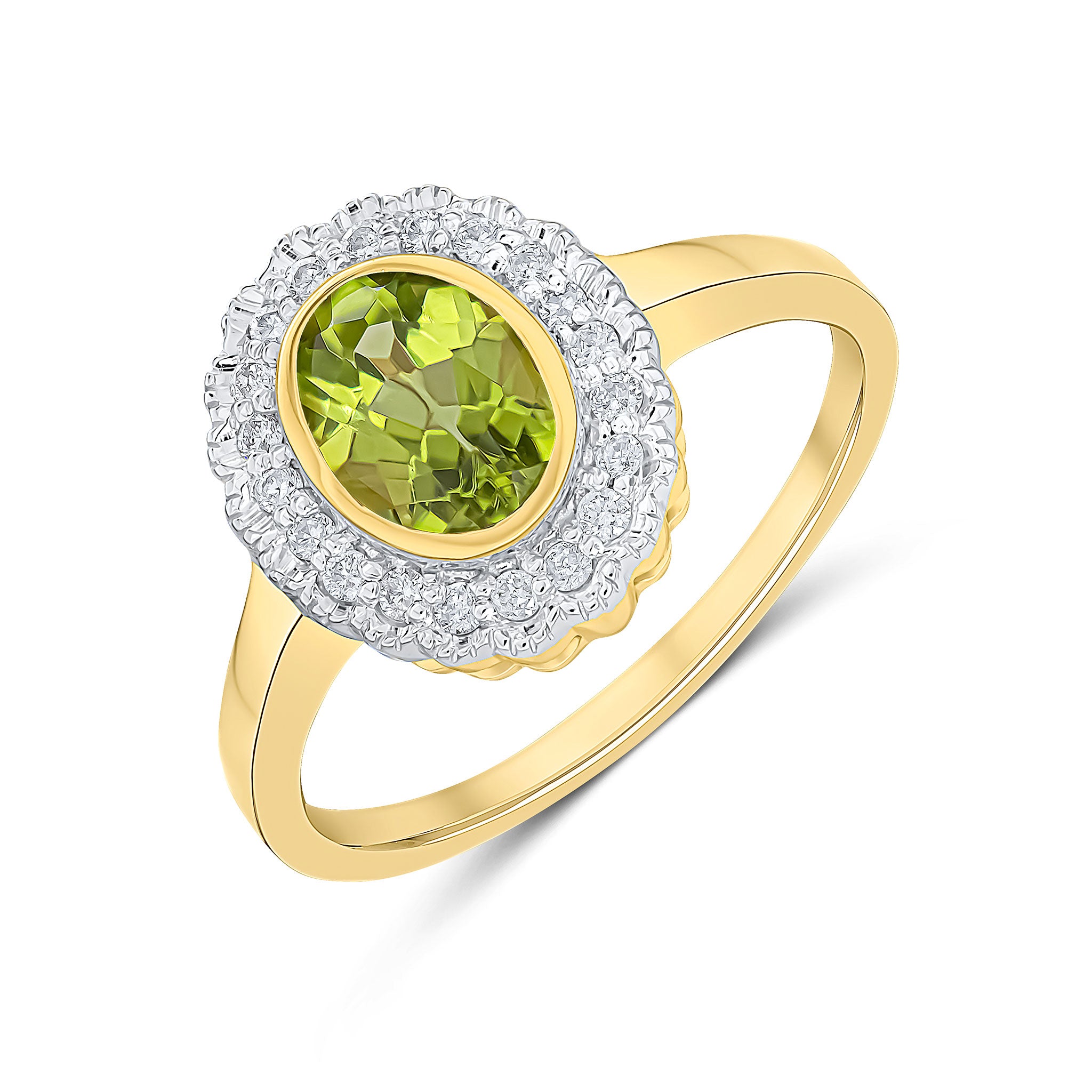 9CT YG RUBOVER OVAL PERIDOT AND MILLEGRAIN ROUND DIAMOND CLUSTER RING. RHODIUM TO DIAMONDS 1