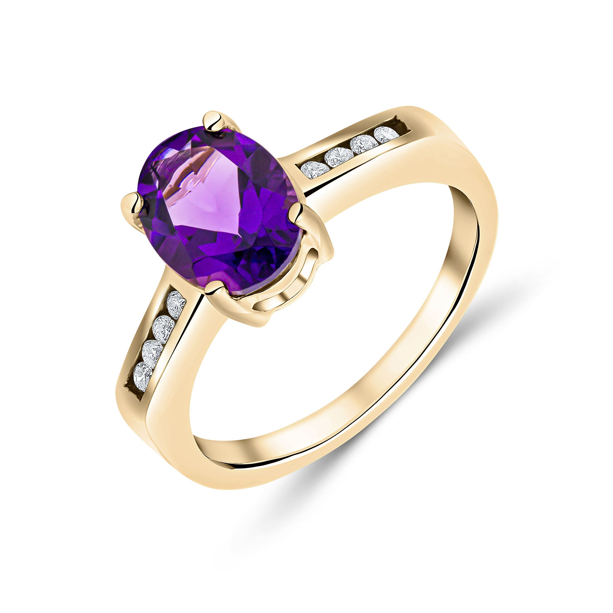 9CT YG 9X7MM CLAW SET OVAL AMETHYST SINGLE STONE RING WITH CHANNEL SET DIAMOND SHOULDERS 1