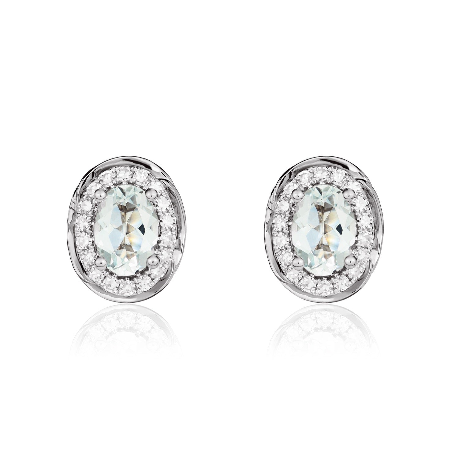 9ct white gold 7 x 5mm Oval aquamarine & Diamond Cluster Earrings With Rope Edge