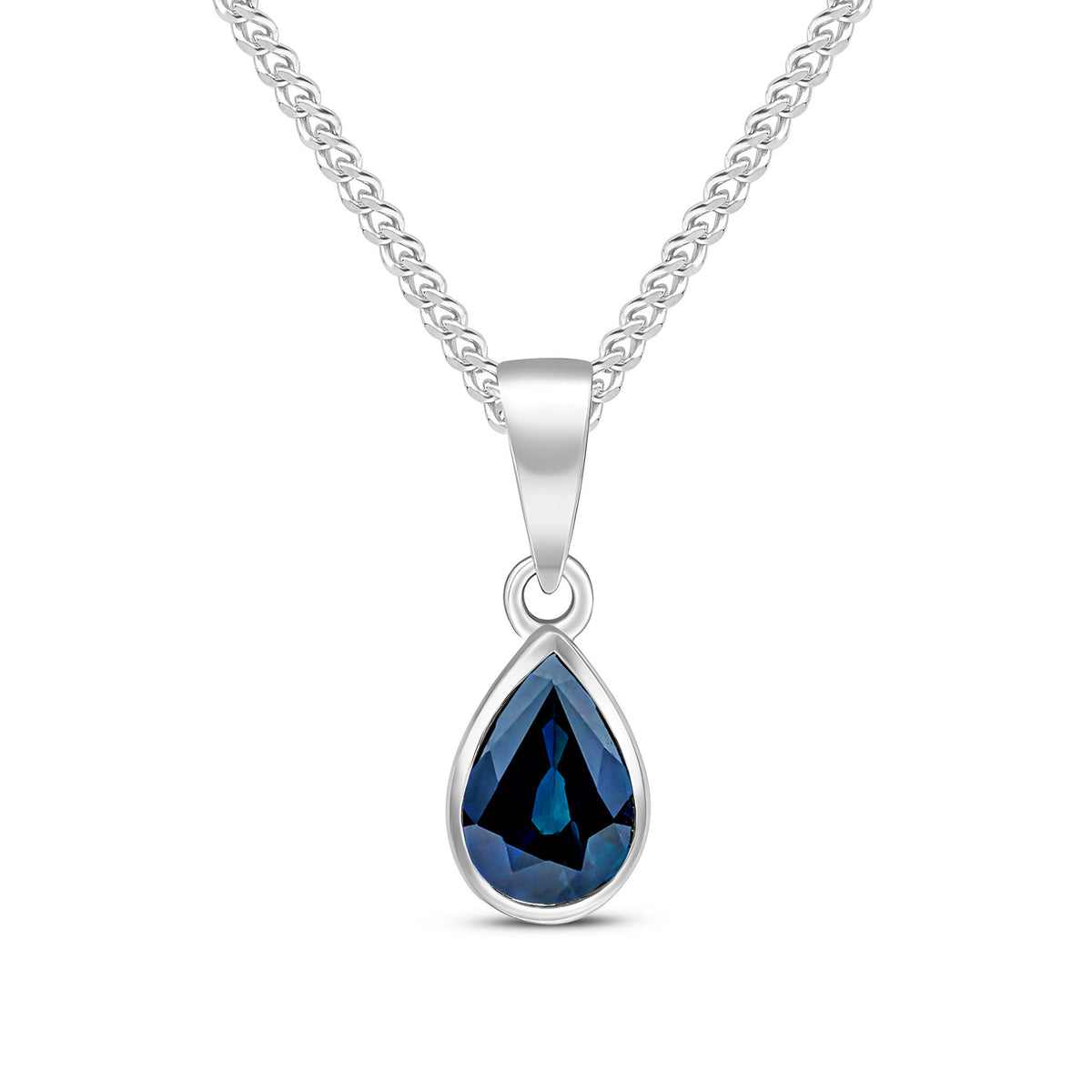9ct White Gold 7x5 Pear Shape Sapphire Rubover Pendant