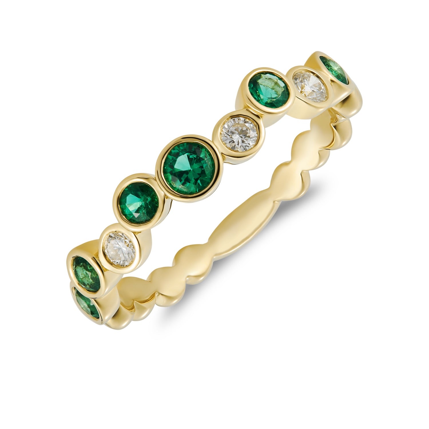 18ct Yellow Gold Round Emerald & Diamond Single Row Bubble Ring