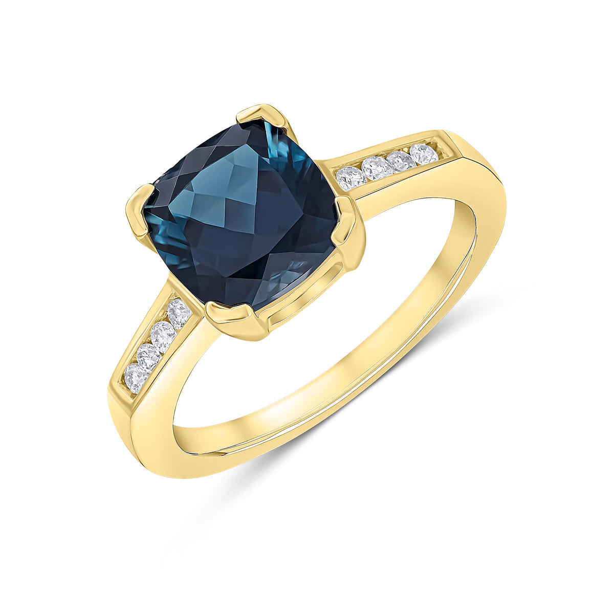 9ct Yellow Gold Claw Set Cushion London Blue Topaz Single Stone Ring with Channel Set Diamond Shoulders
