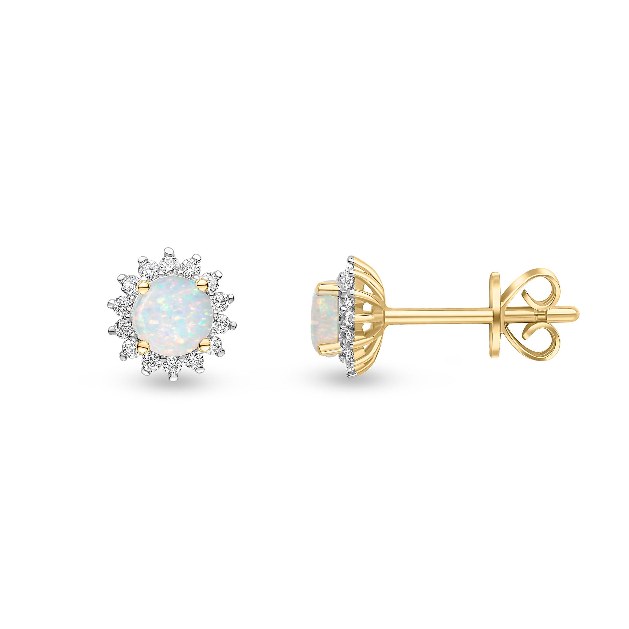 18ct Yellow Gold 4mm Round Opal and Round Diamond Claw Set Cluster Stud Earrings Rhodium to Diamonds