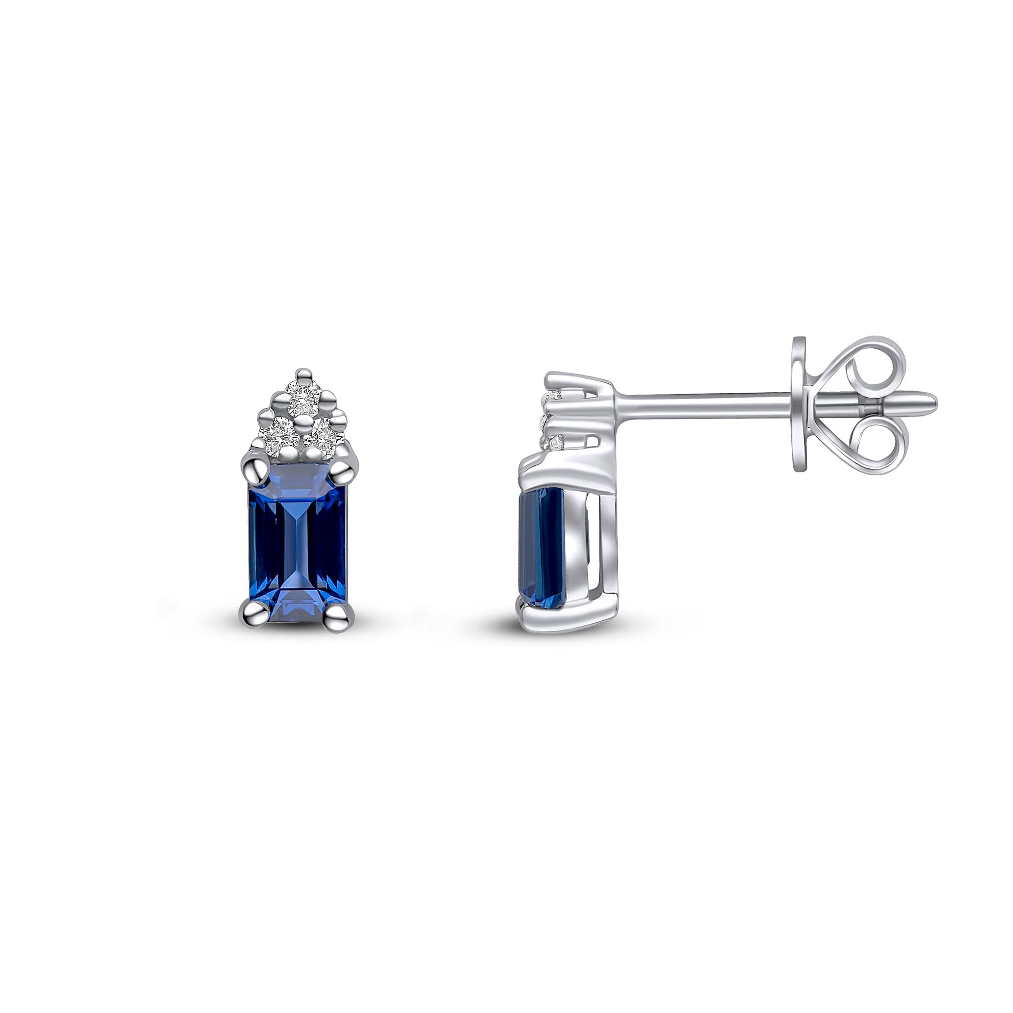 18ct White Gold 5x3 Octagon Sapphire & Round Diamond Trefoil Top Earrings
