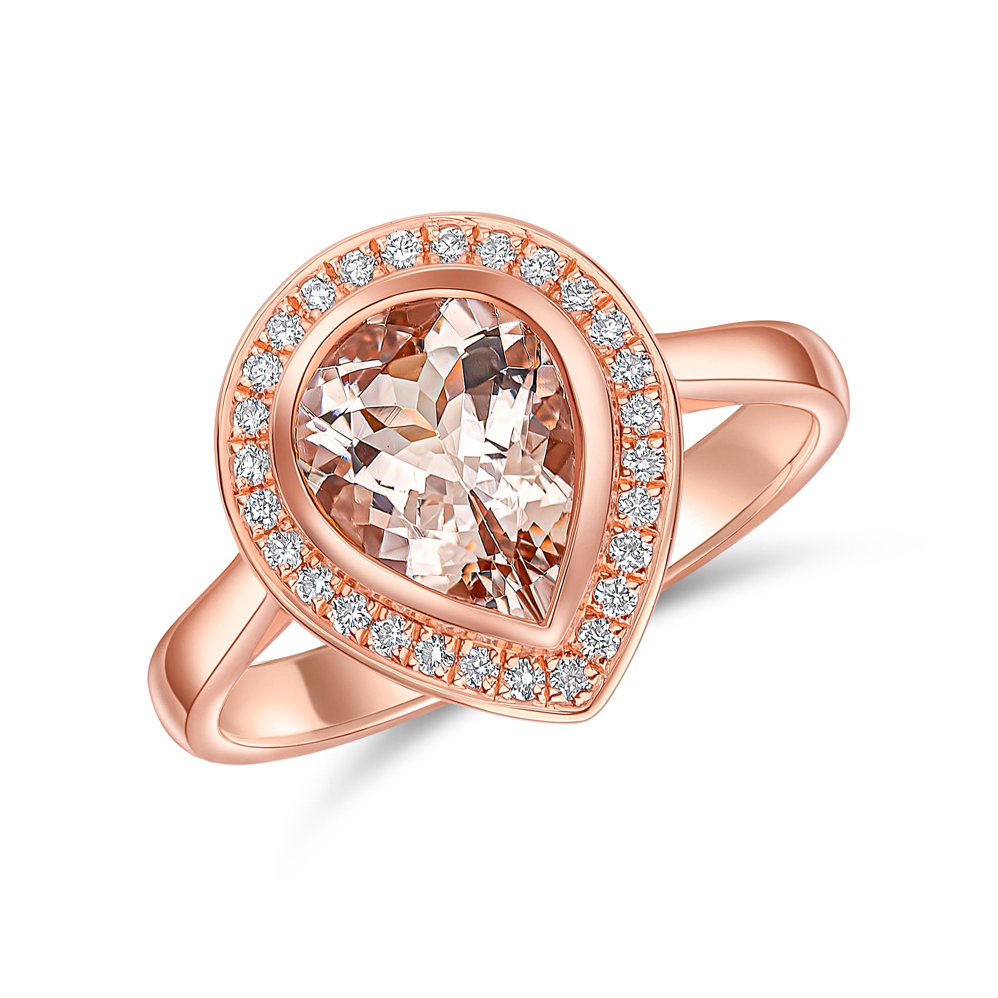 18ct Rose Gold Rubover Pear Shape Morganite & Grain Set Diamond Cluster Ring
