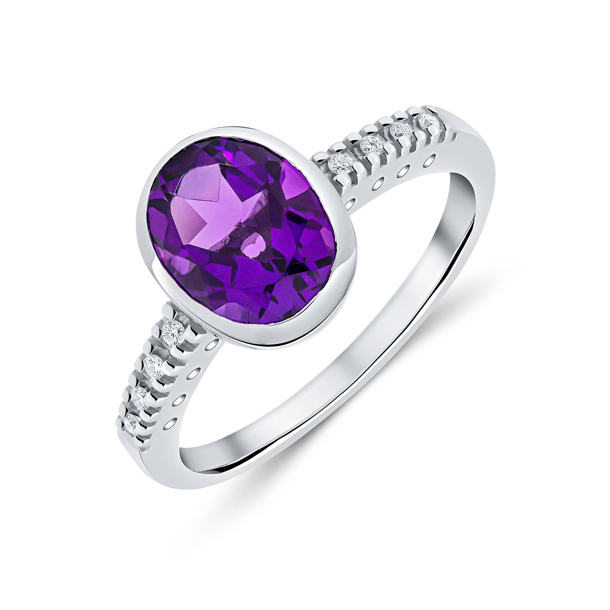 9ct White Gold Rubover 9x7 Oval Amethyst Single Stone Ring with Claw Set Diamond Shoulders