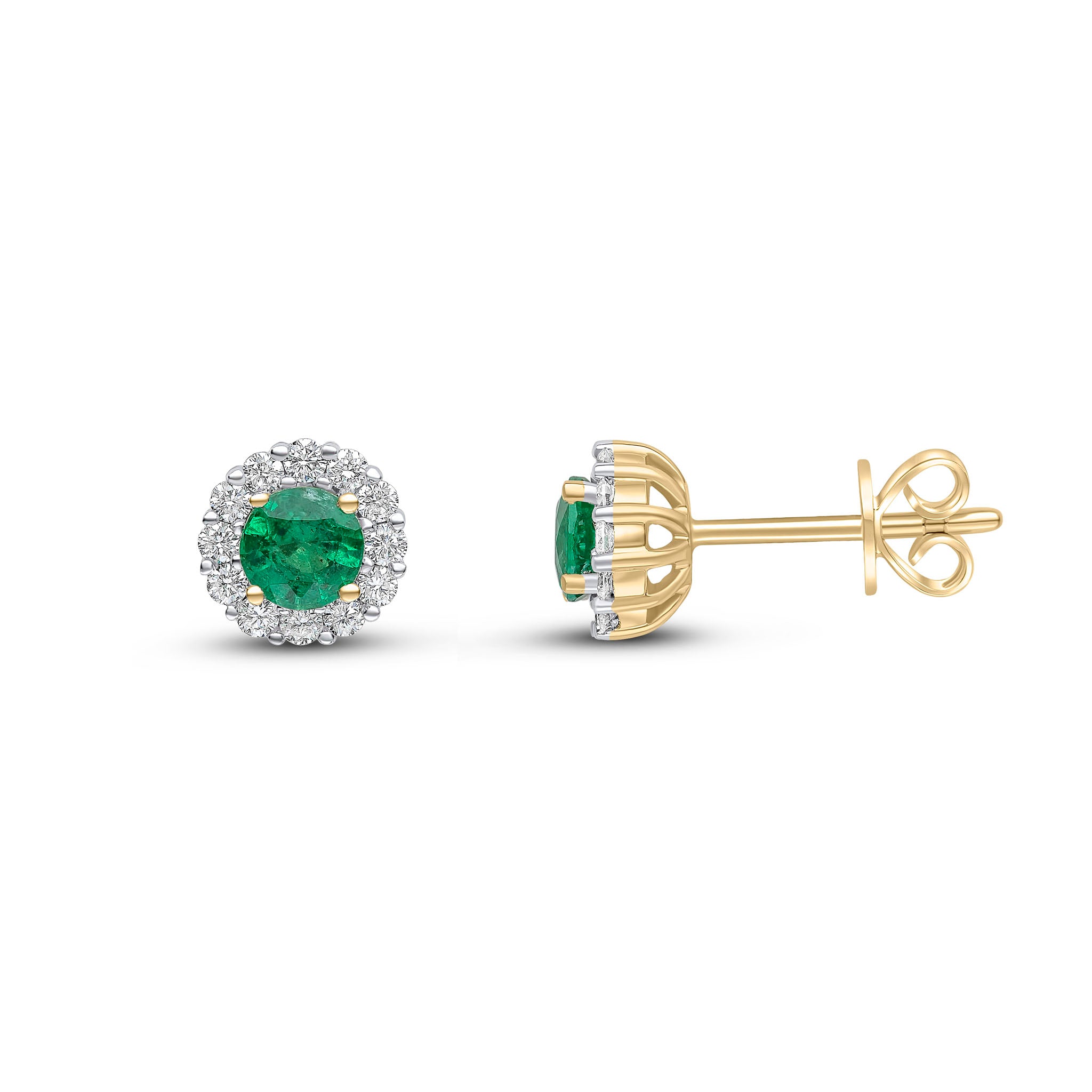 18ct Yellow Gold 4mm Round Emerald and Diamond Claw Cluster Earrings Rhodium to Diamonds