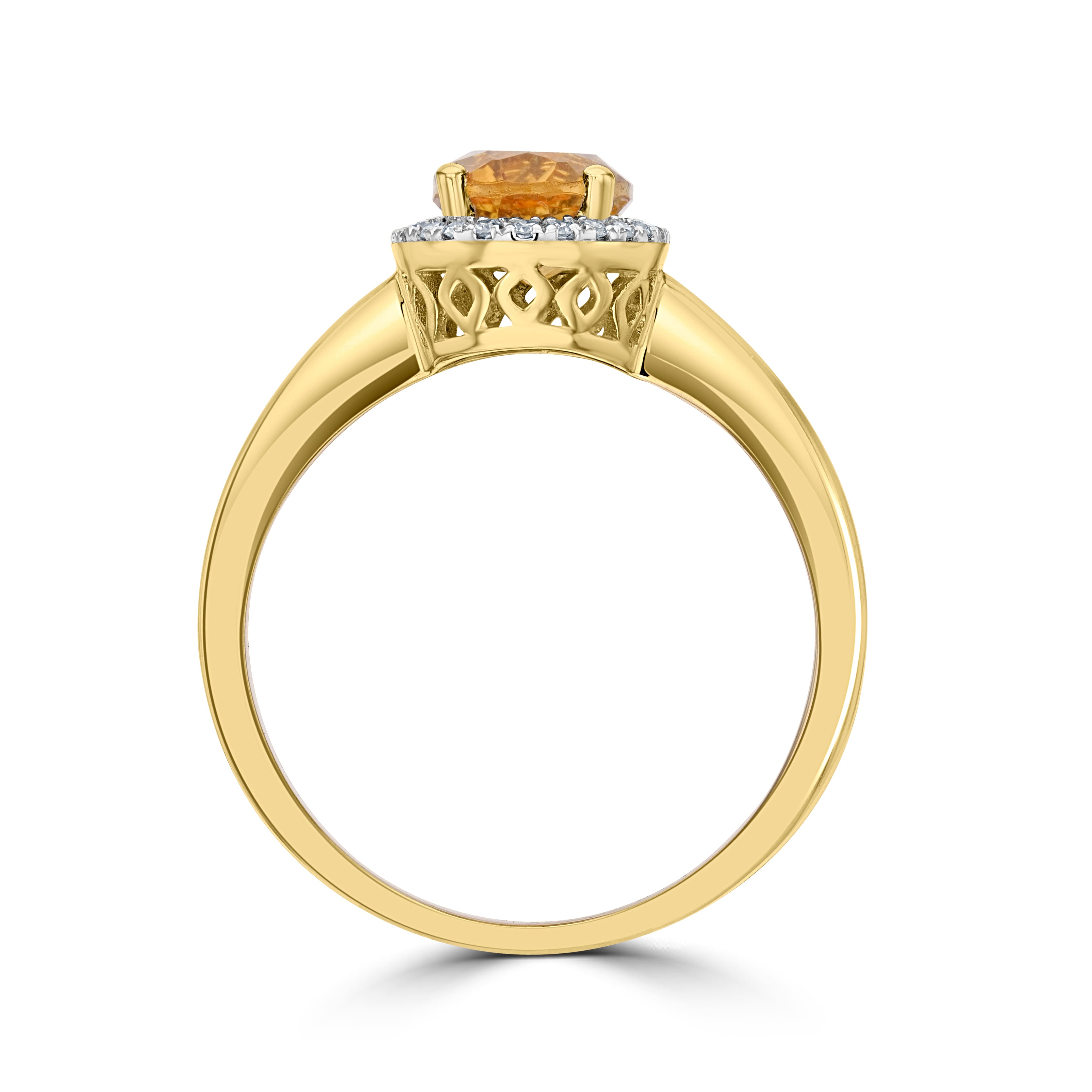 9CT YG 8X6 OVAL CITRINE AND DIAMOND CLAW SET CLUSTER RING. RHODIUM TO DIAMONDS 1